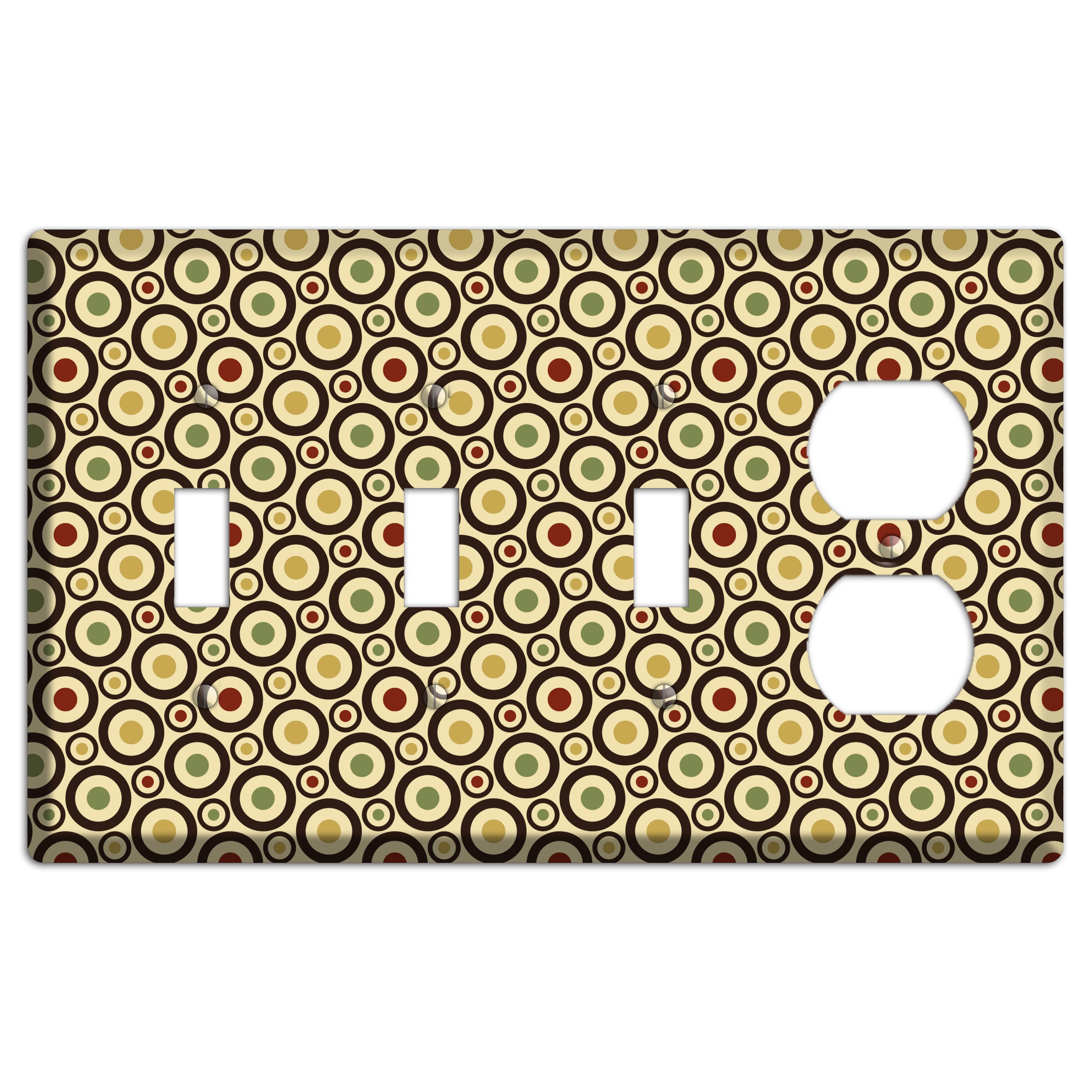 Beige with Olive Mustard Maroon Retro Tiny Bullseye 3 Toggle / Duplex Wallplate
