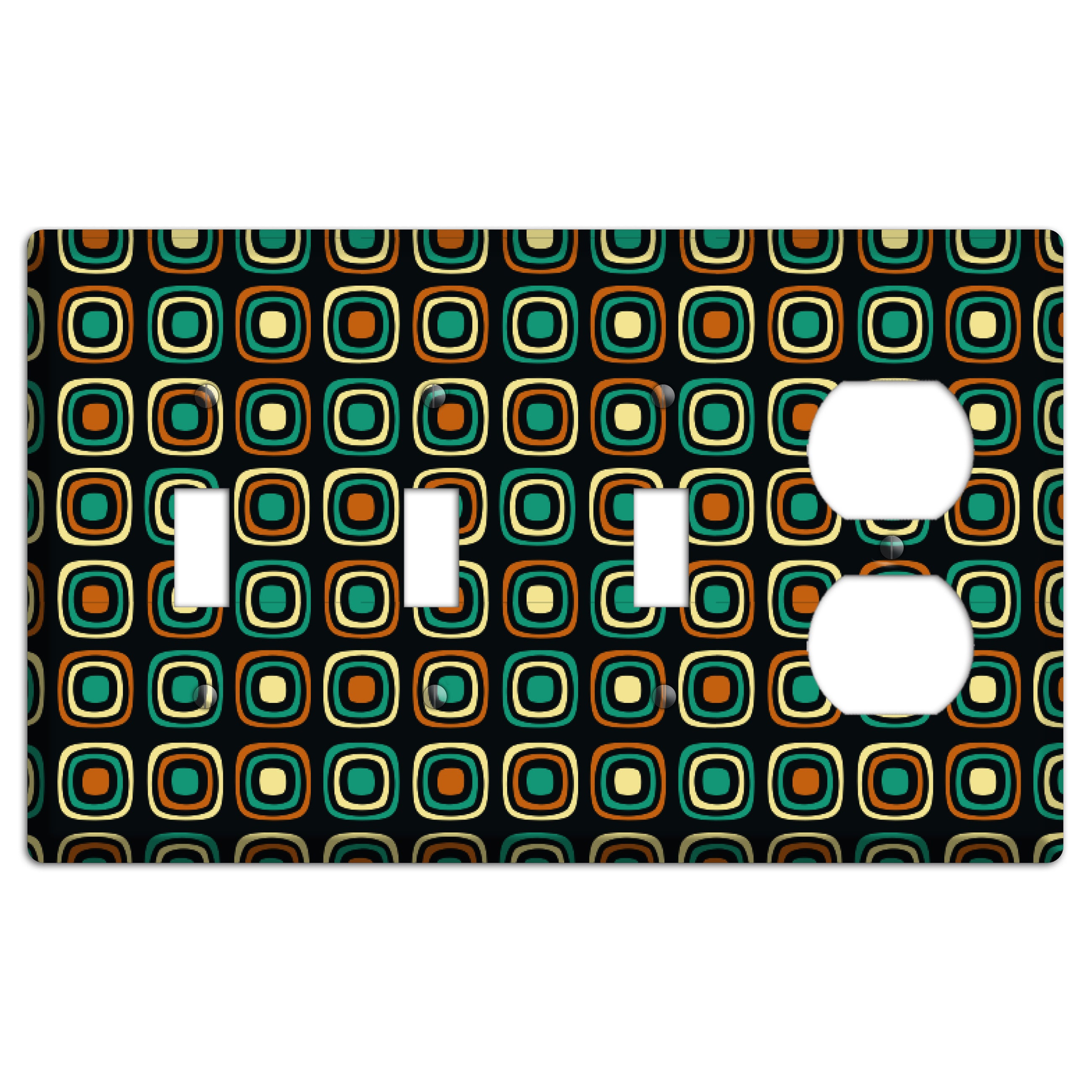 Multi Brown Umber Teal Retro Squares 3 Toggle / Duplex Wallplate