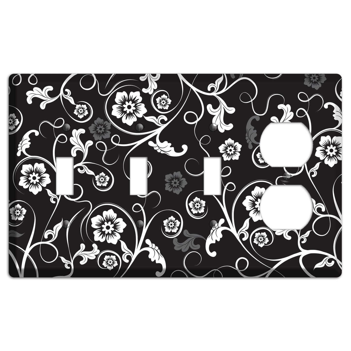 Black with White Flower Sprig 3 Toggle / Duplex Wallplate