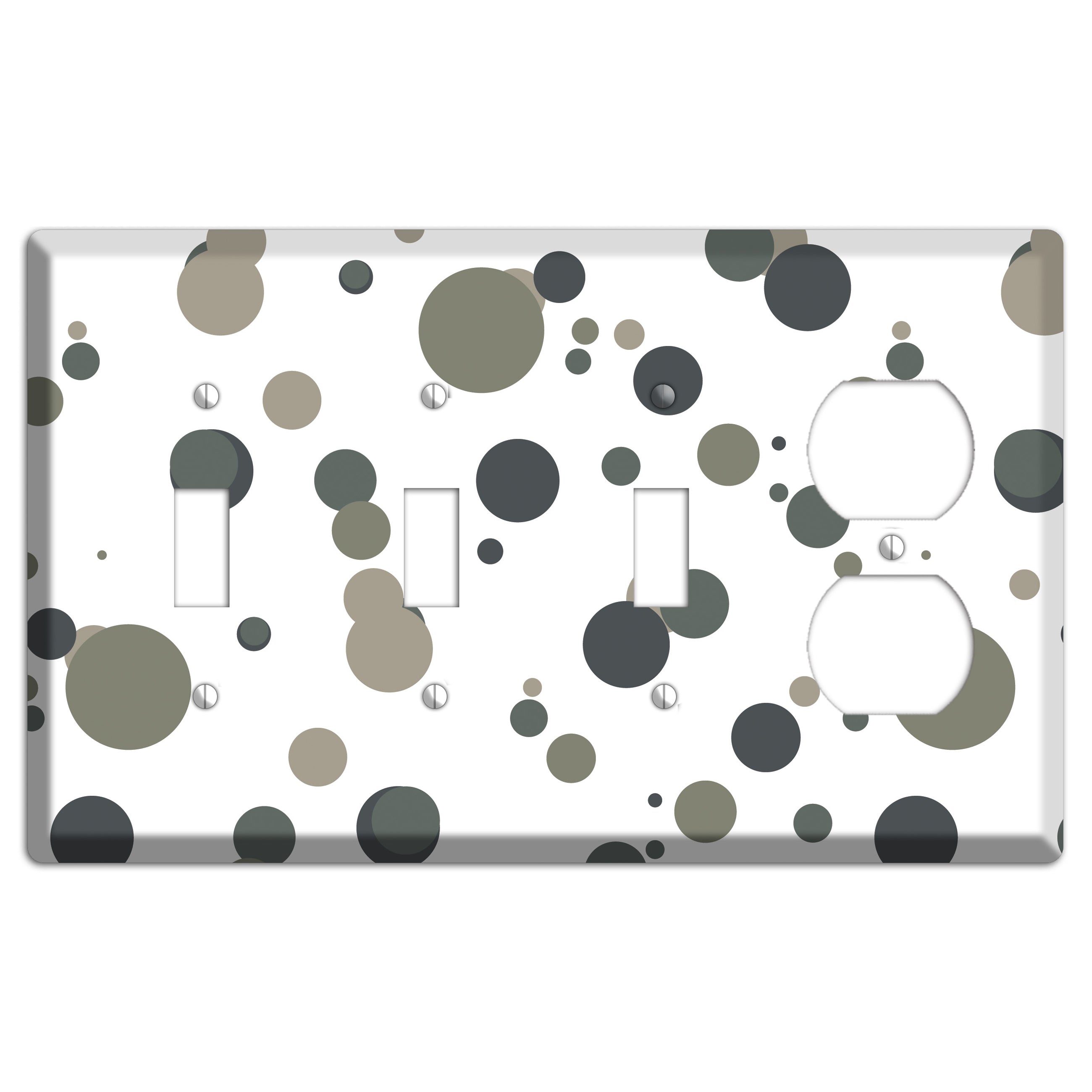 White with Multi Grey Medium Dots 3 Toggle / Duplex Wallplate