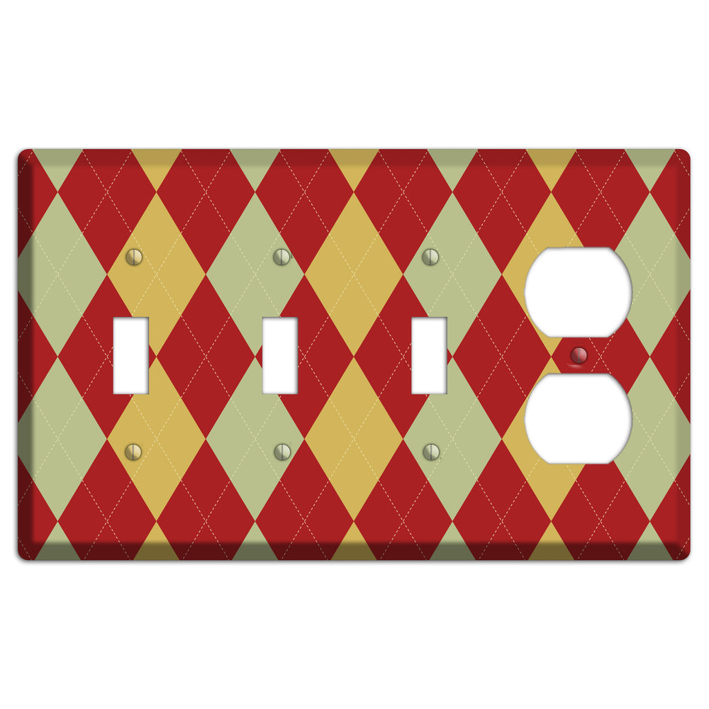 Burnt Orange and Light Green Argyle 3 Toggle / Duplex Wallplate