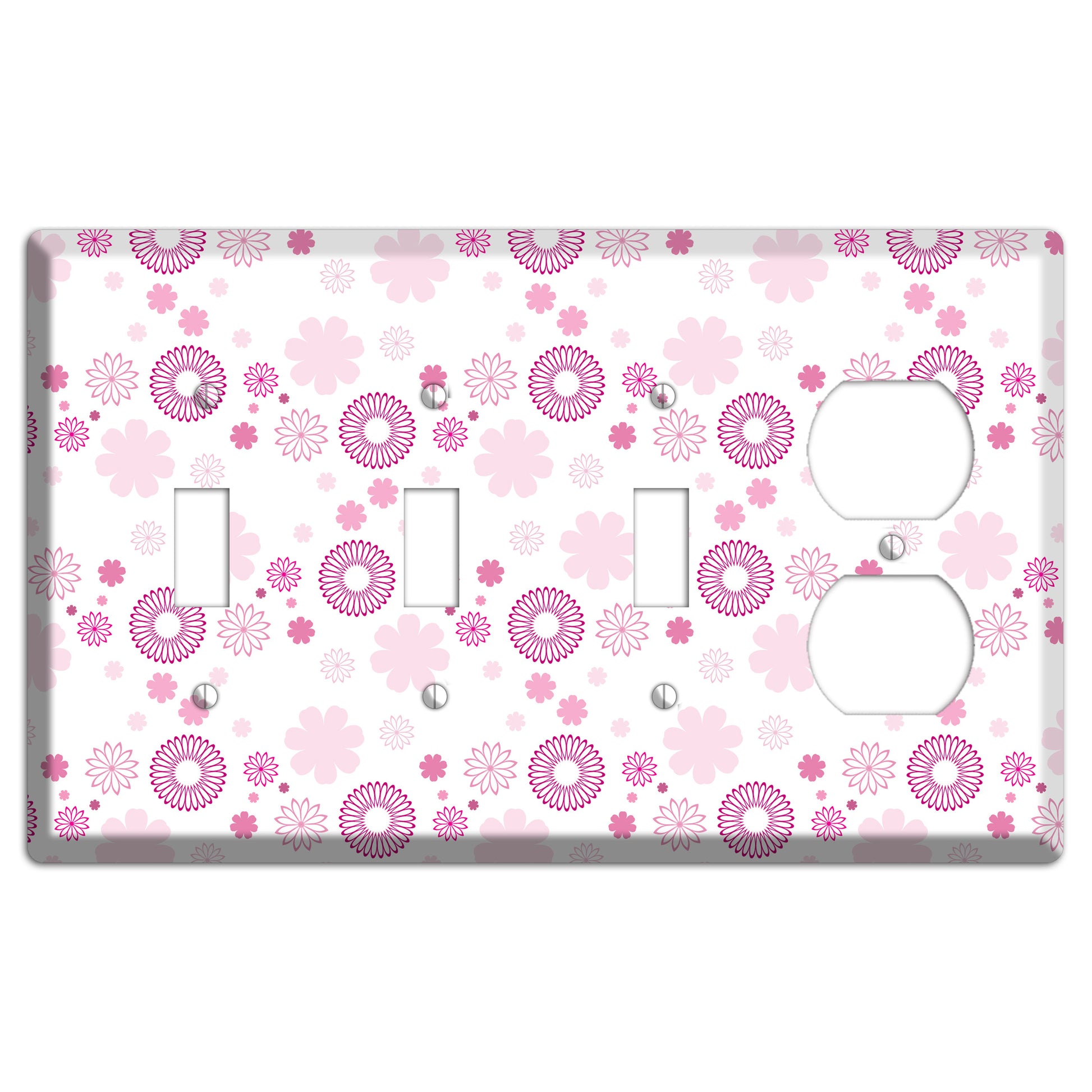 White with Pink and Purple Floral Contour Retro Burst 3 Toggle / Duplex Wallplate