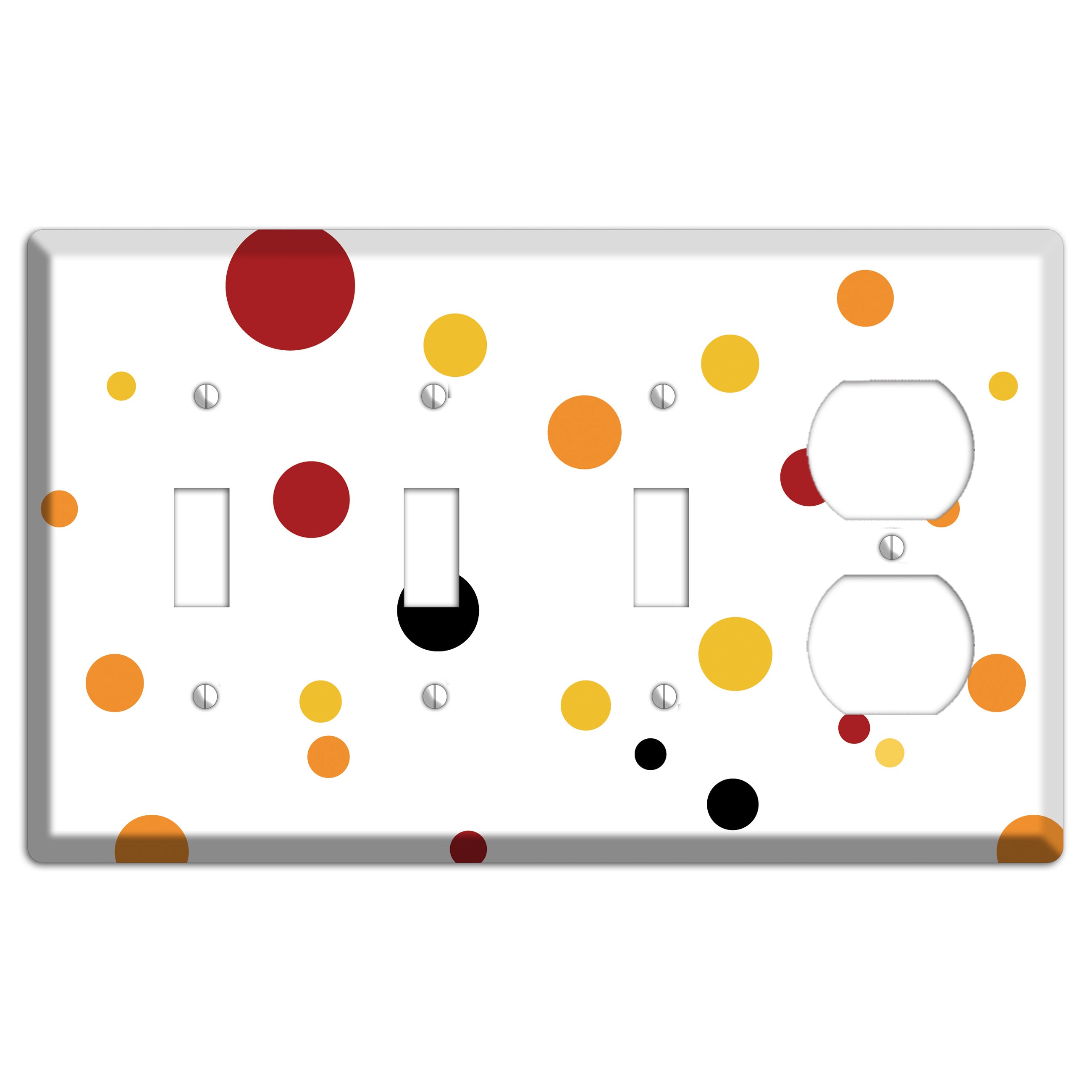White with Red and Multi Umber Medium Dots 3 Toggle / Duplex Wallplate