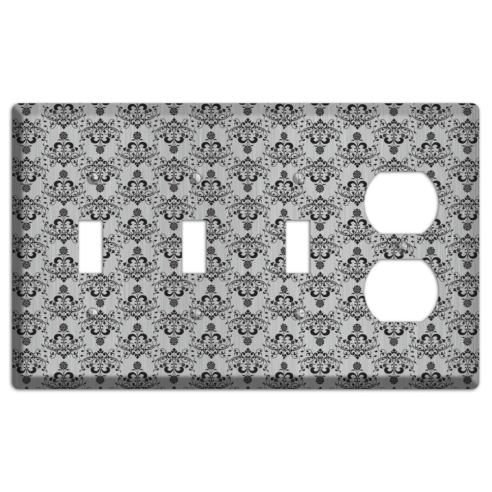 Black Cartouche Half Drop Stainless Steel 3 Toggle / Duplex Wallplate