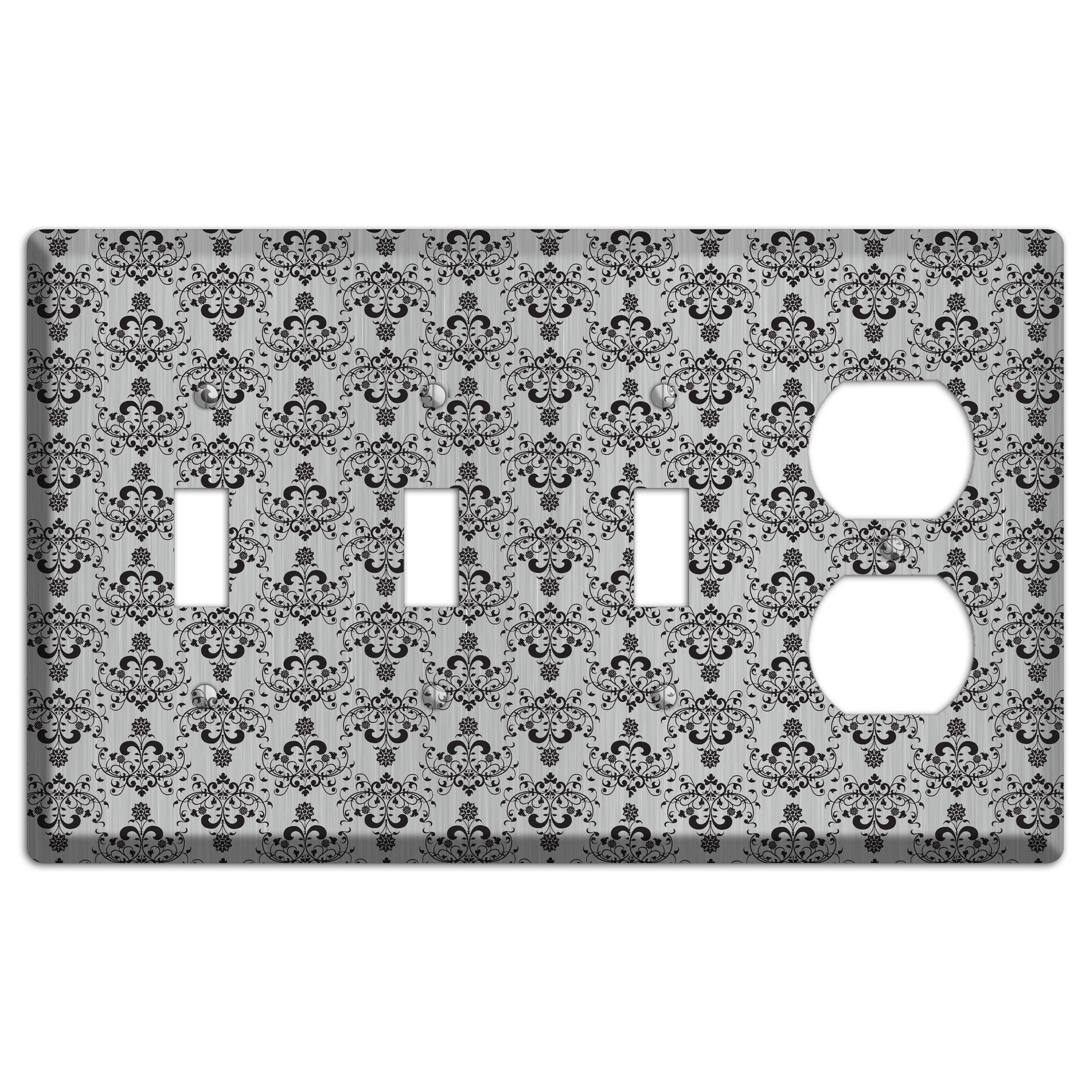 Black Cartouche Half Drop  Stainless 3 Toggle / Duplex Wallplate