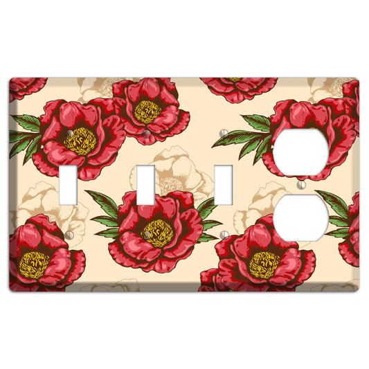 Red Peony Style A 3 Toggle / Duplex Wallplate