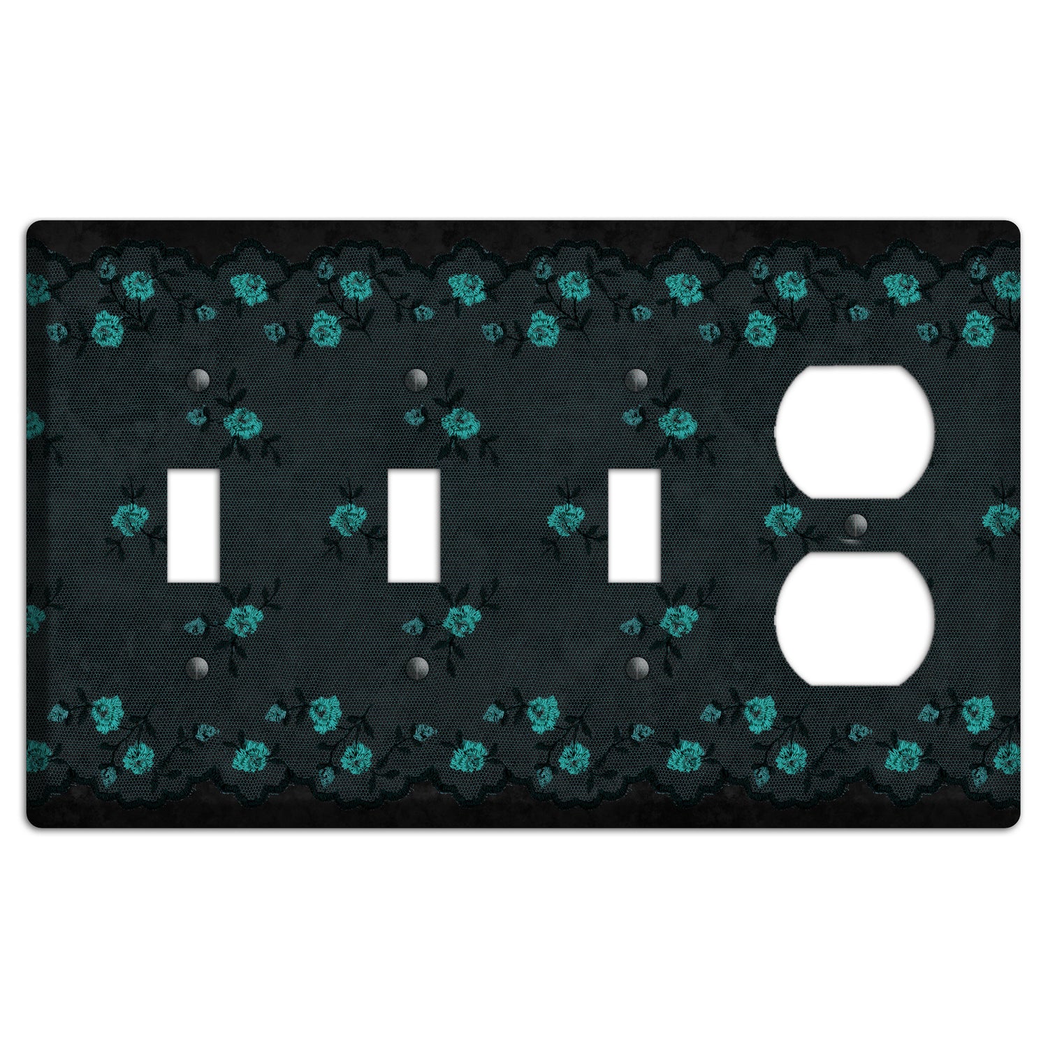 Embroidered Floral Black 3 Toggle / Duplex Wallplate