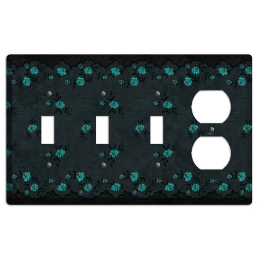 Embroidered Floral Black 3 Toggle / Duplex Wallplate
