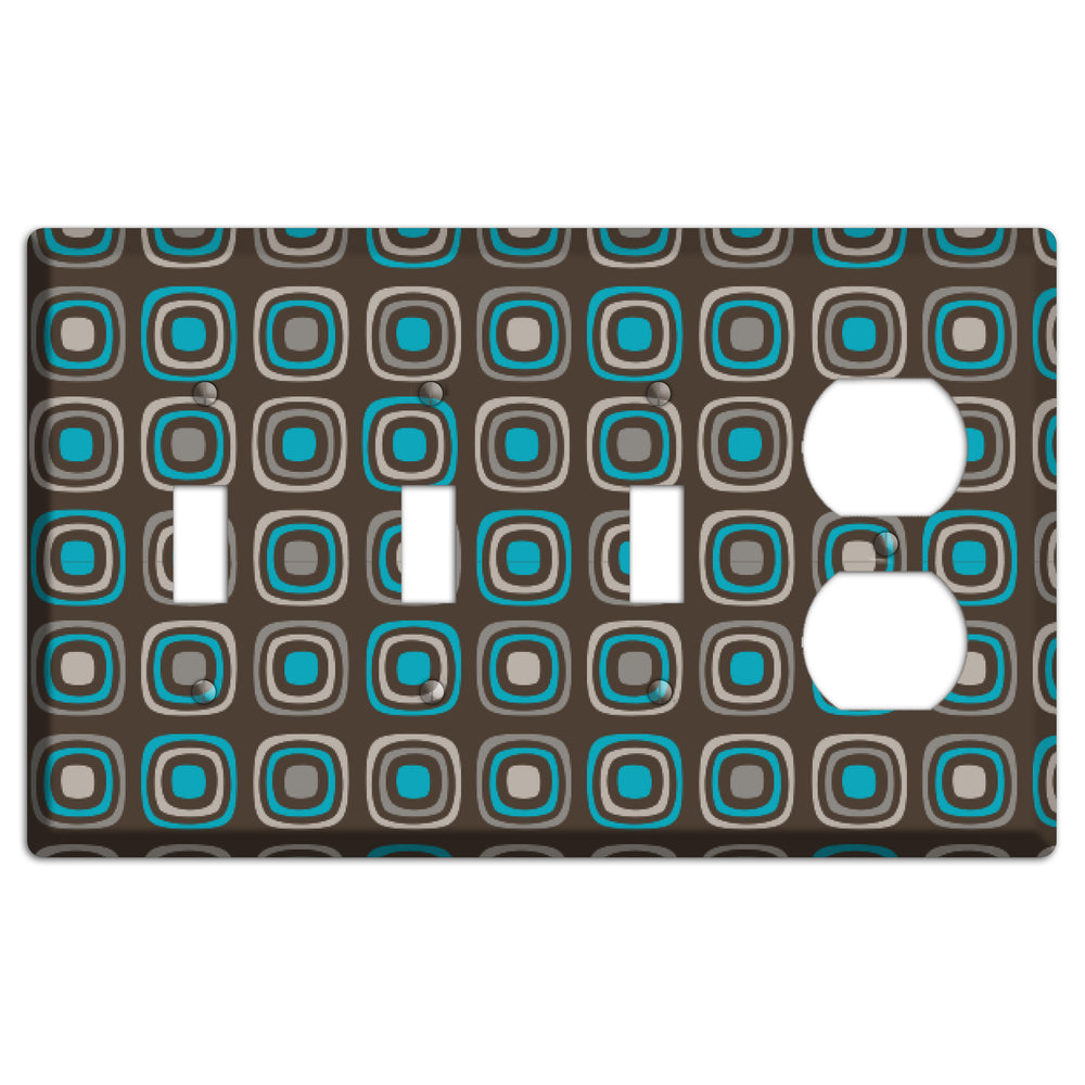 Multi Brown and Turquoise Retro Squares 3 Toggle / Duplex Wallplate