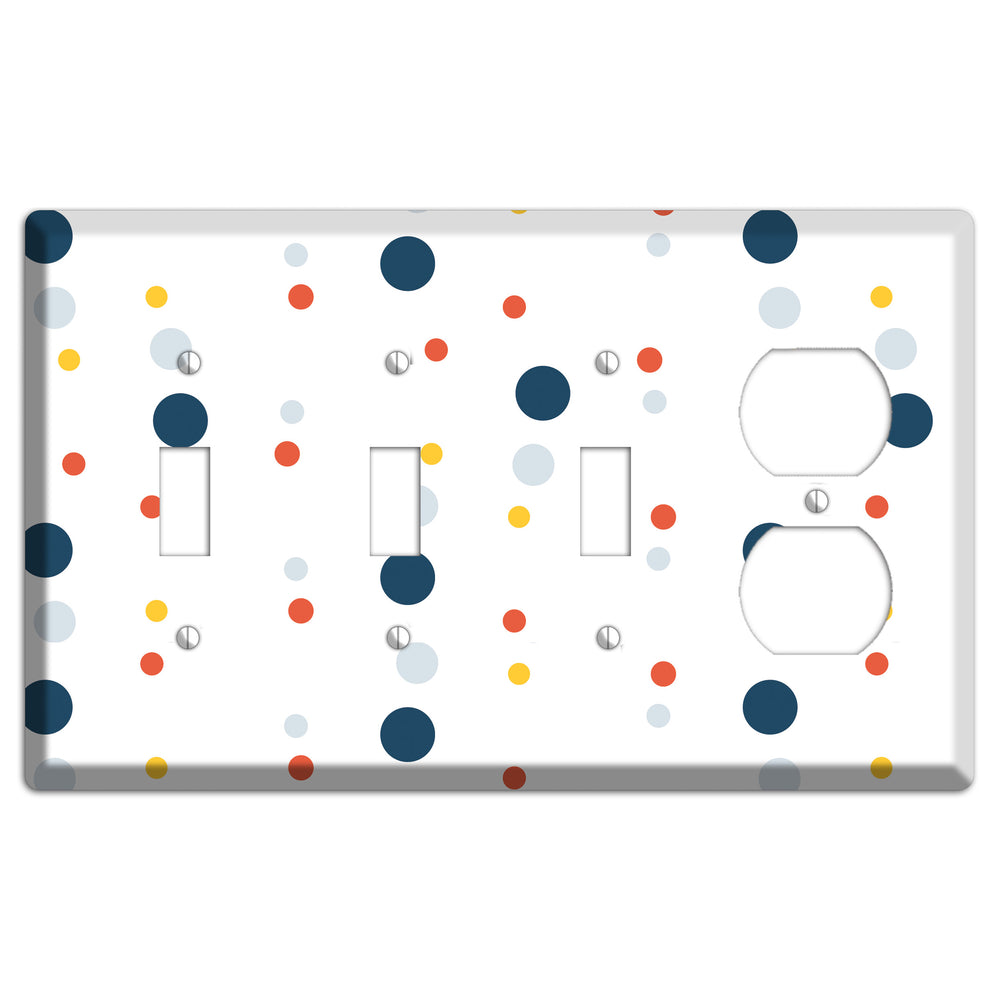 White with Multi Blue and Umber Medium Dots 3 Toggle / Duplex Wallplate
