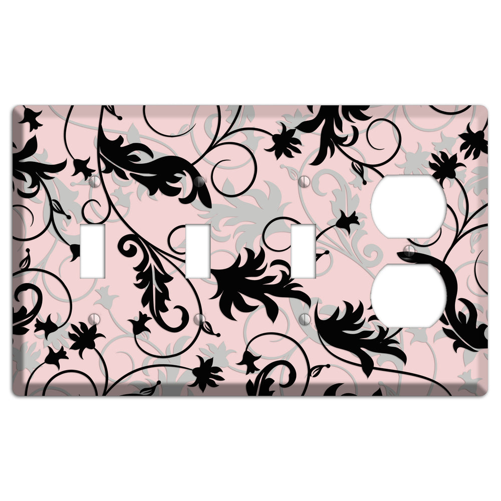 Dusty Pink Grey Black Victorian Sprig 3 Toggle / Duplex Wallplate