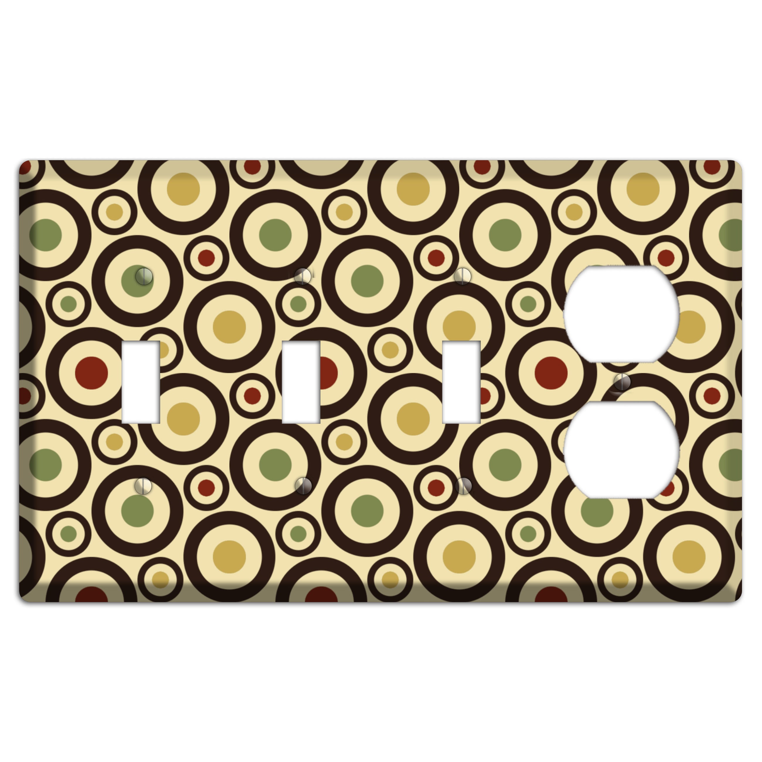 Beige with Olive Mustard Maroon Retro Bullseye 3 Toggle / Duplex Wallplate