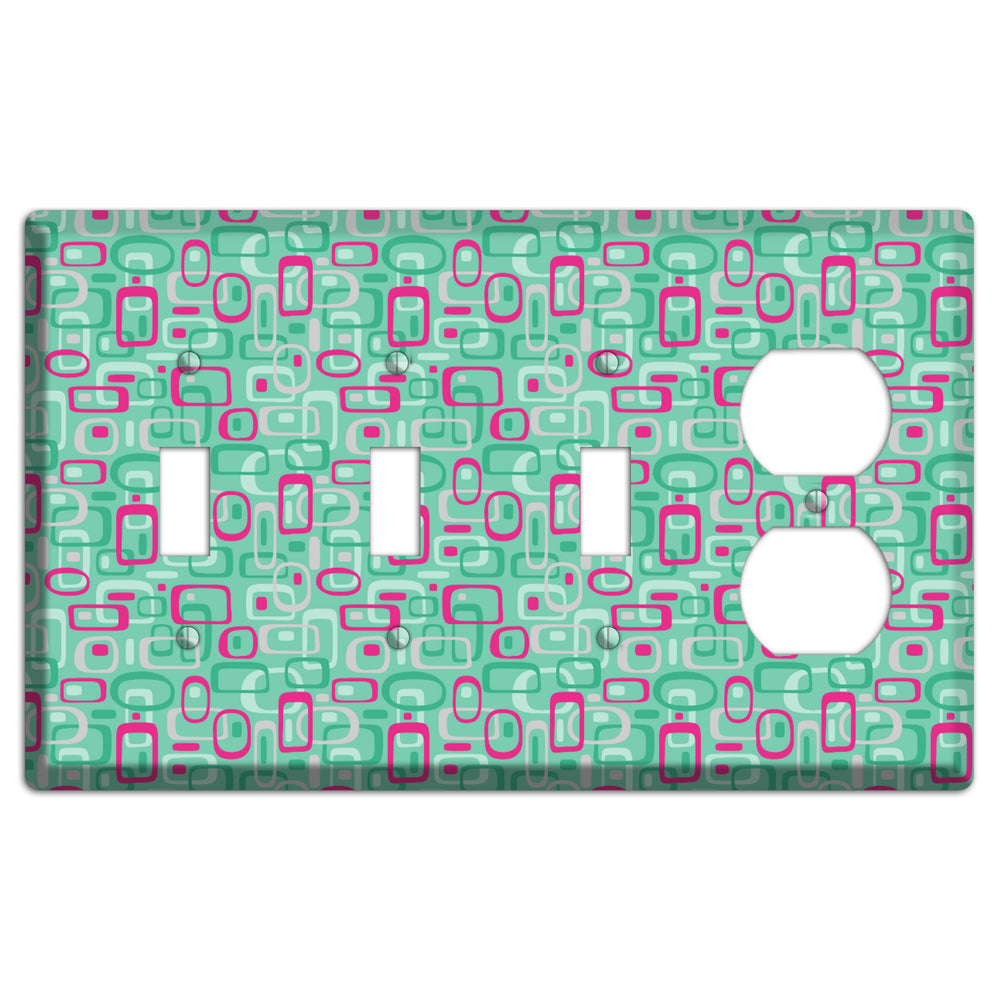 Aqua with Fuschia and Multi Green Retro Squares 3 Toggle / Duplex Wallplate