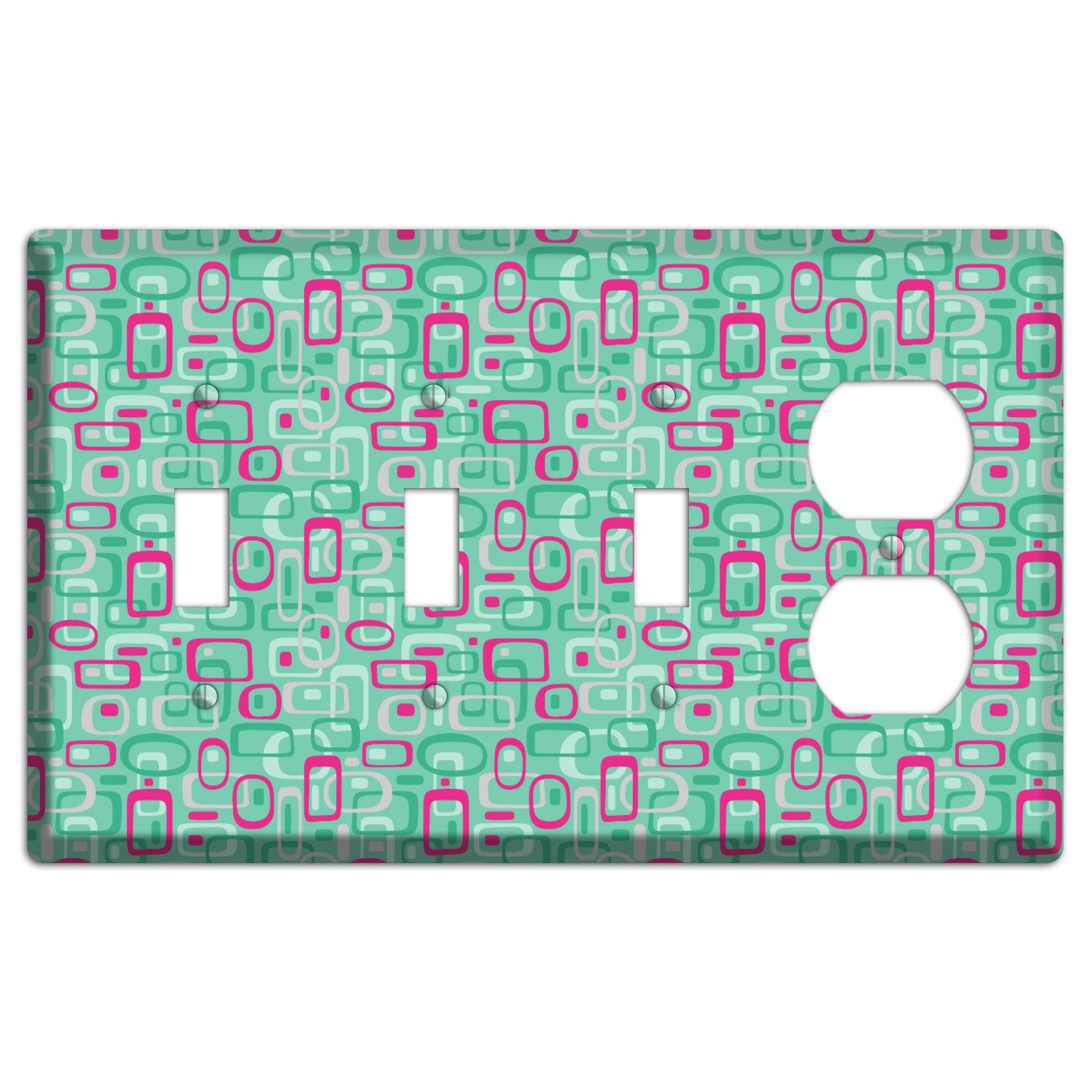 Aqua with Fuschia and Multi Green Retro Squares 3 Toggle / Duplex Wallplate