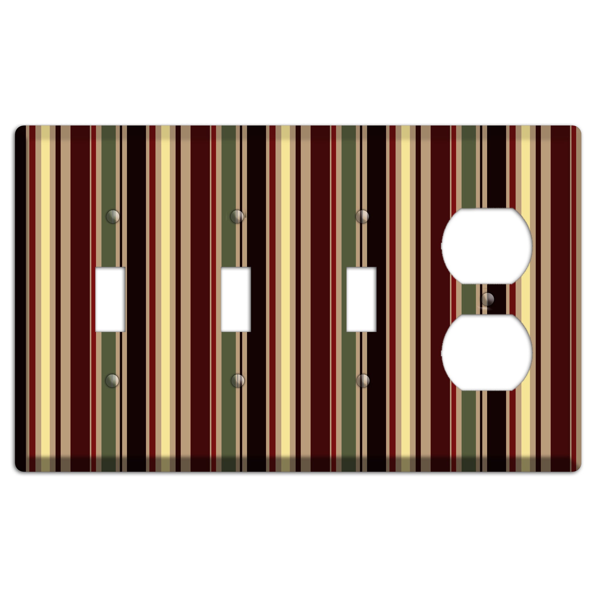 Multi olive and Burgundy Vertical Stripes 3 Toggle / Duplex Wallplate