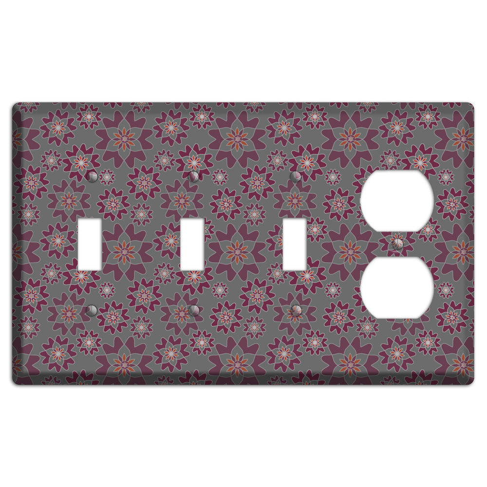 Grey with Burgundy Retro Suzani 3 Toggle / Duplex Wallplate