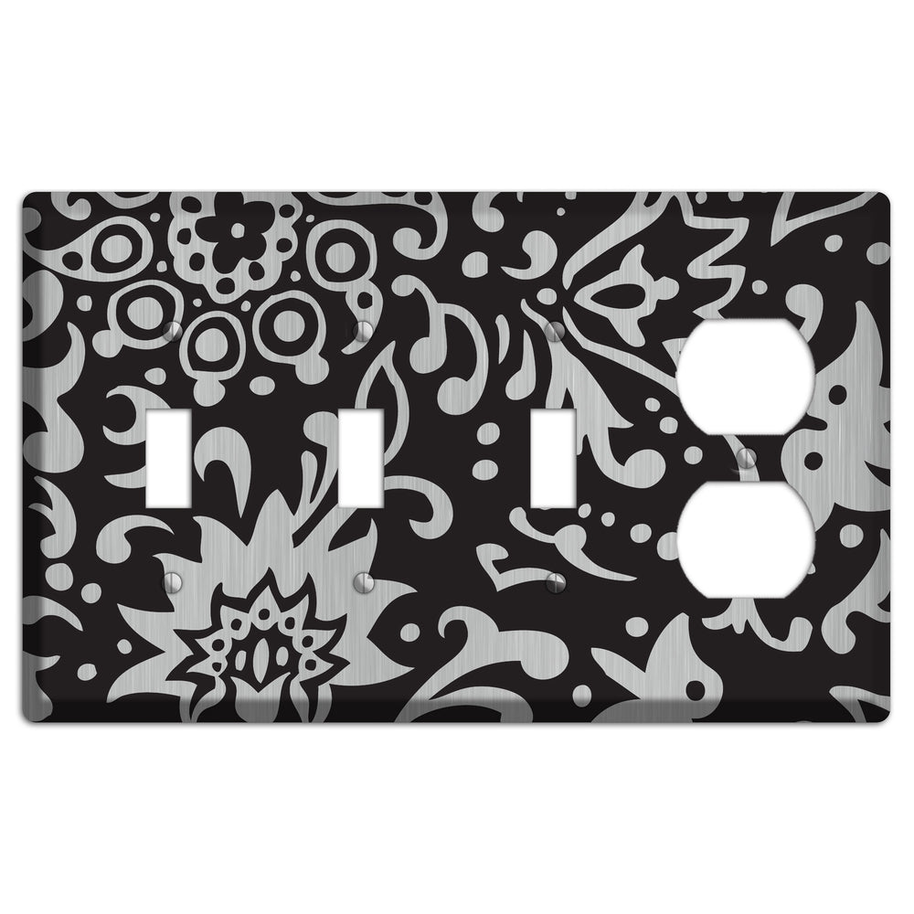 Black Boteh Stainless Steel 3 Toggle / Duplex Wallplate