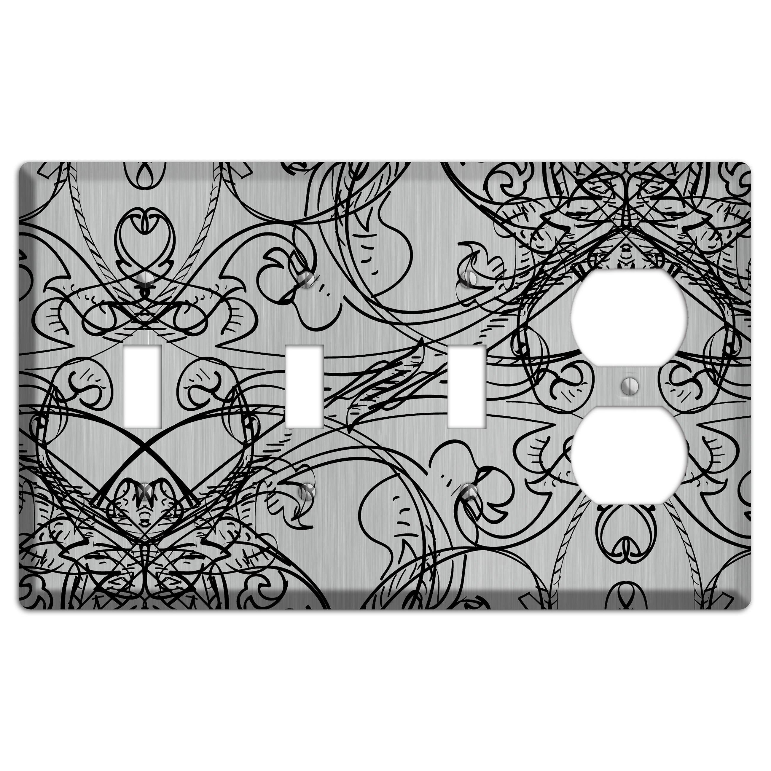 Black Deco Sketch  Stainless 3 Toggle / Duplex Wallplate