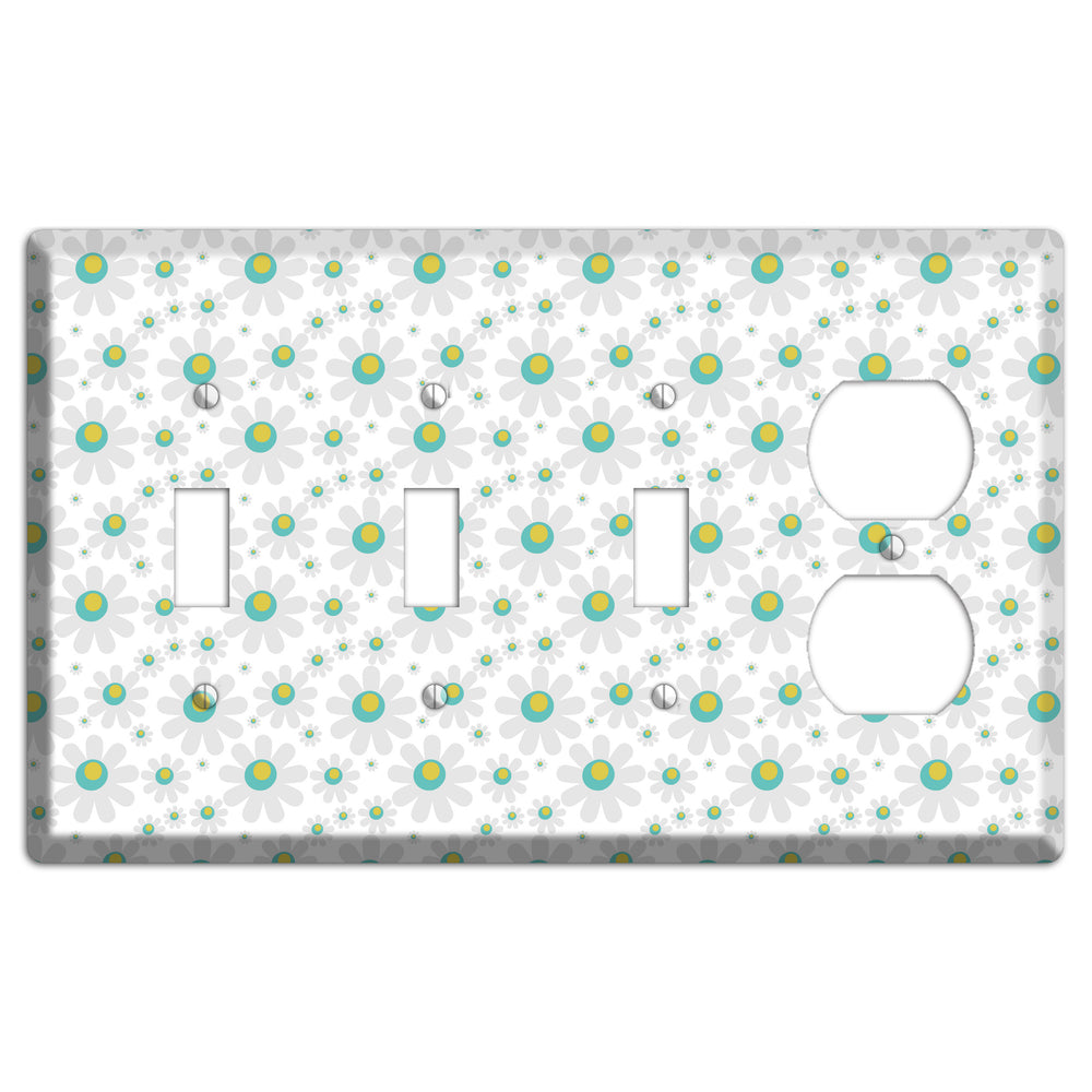 White and Green Flower Power 3 Toggle / Duplex Wallplate