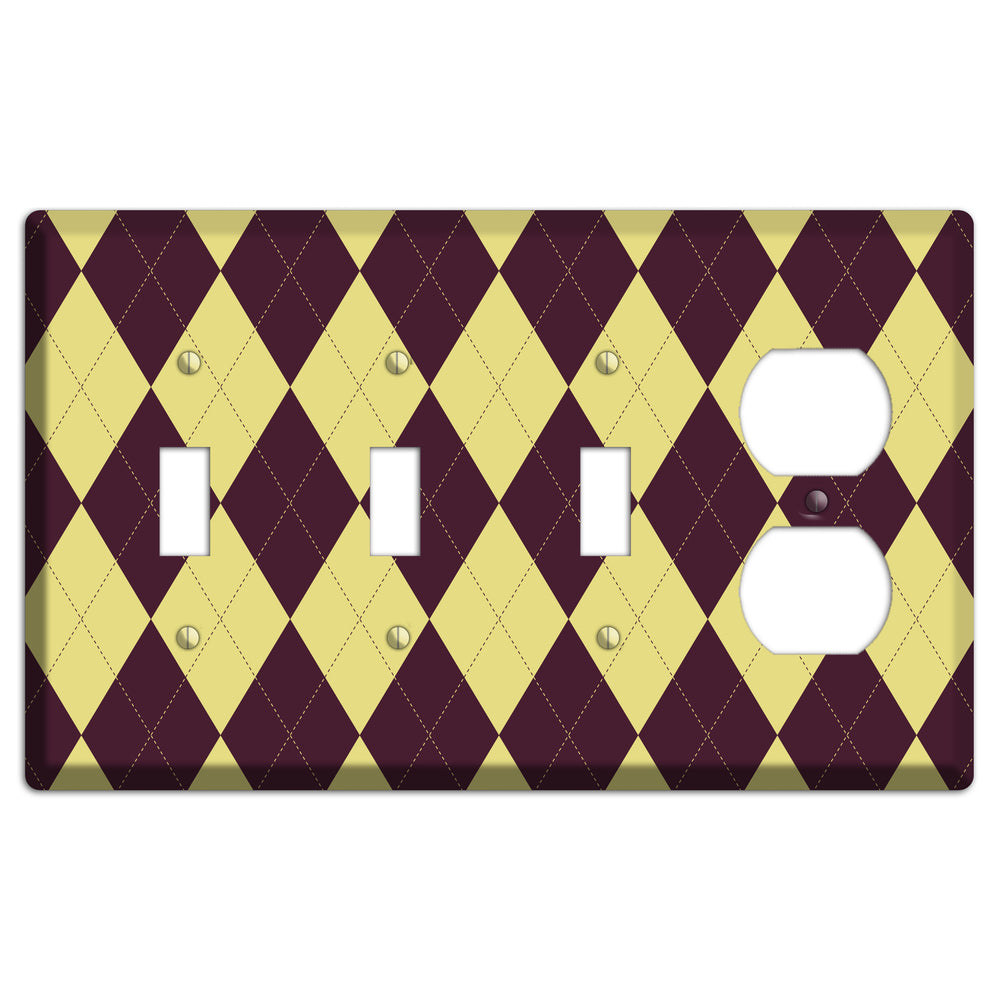 Yellow and Dark Maroon Argyle 3 Toggle / Duplex Wallplate
