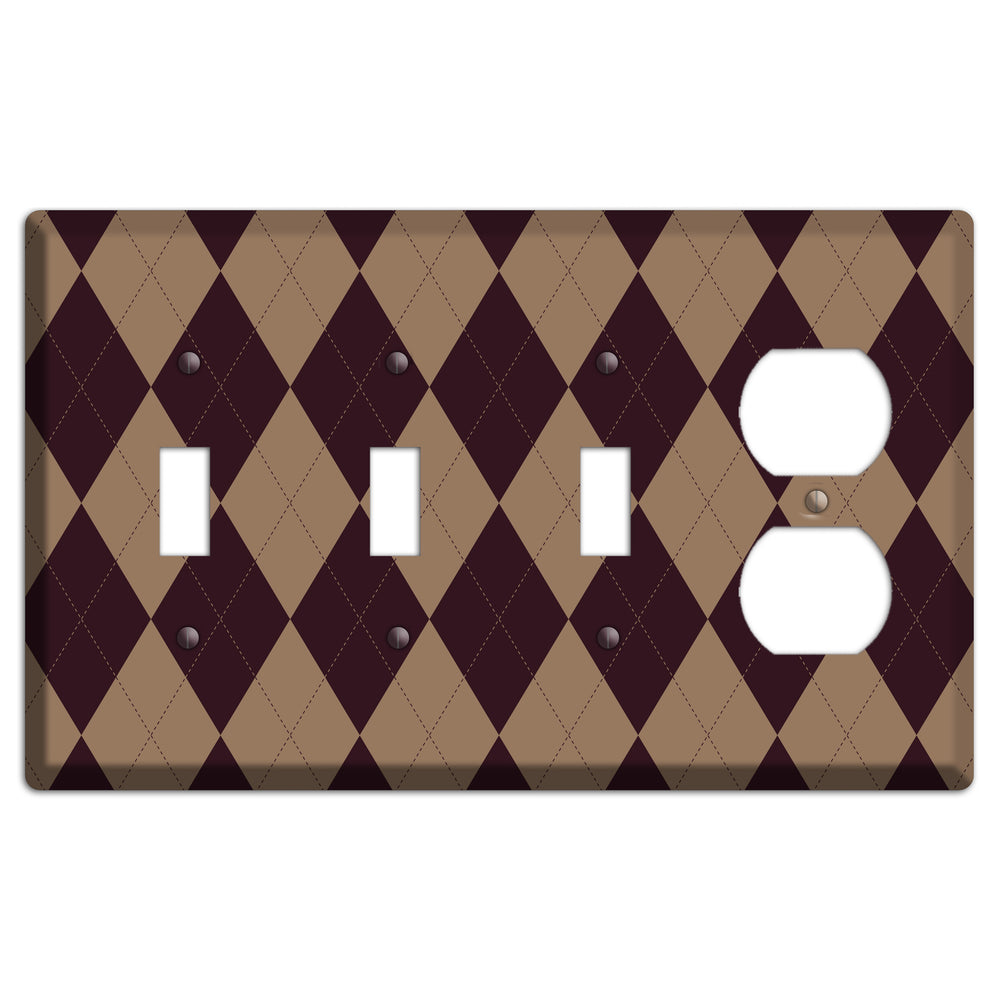 Burguny and Beige Argyle 3 Toggle / Duplex Wallplate