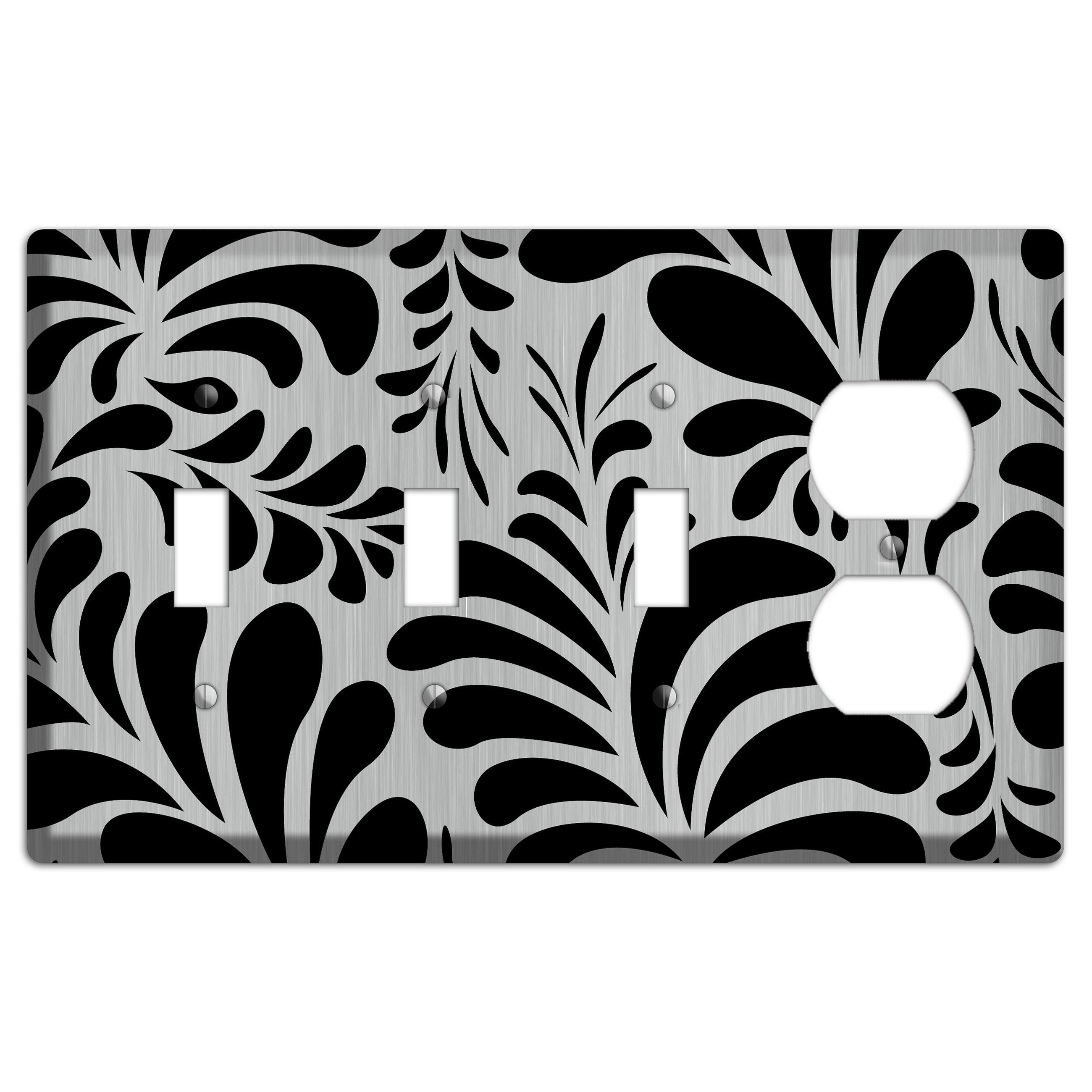 Black Herati  Stainless 3 Toggle / Duplex Wallplate