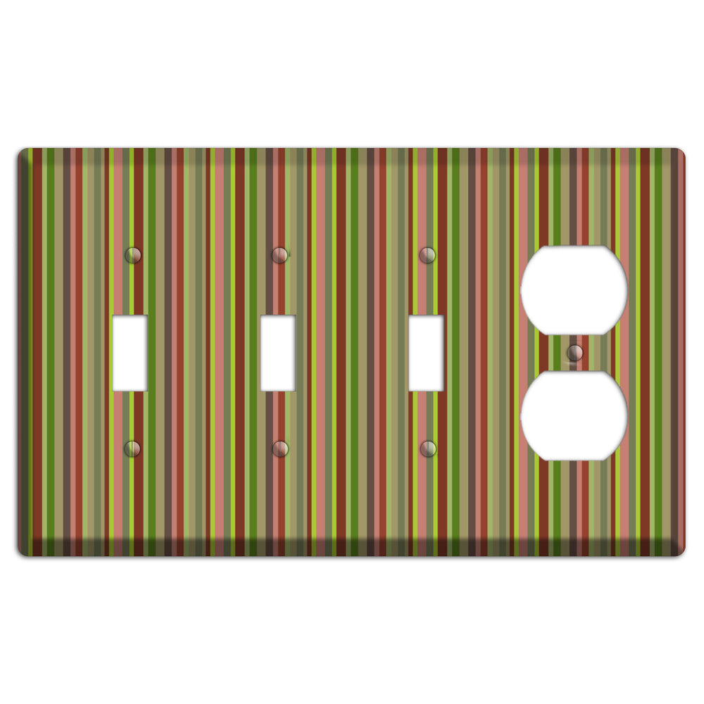 Multi Olive Burgundy Vertical Stripes 3 Toggle / Duplex Wallplate