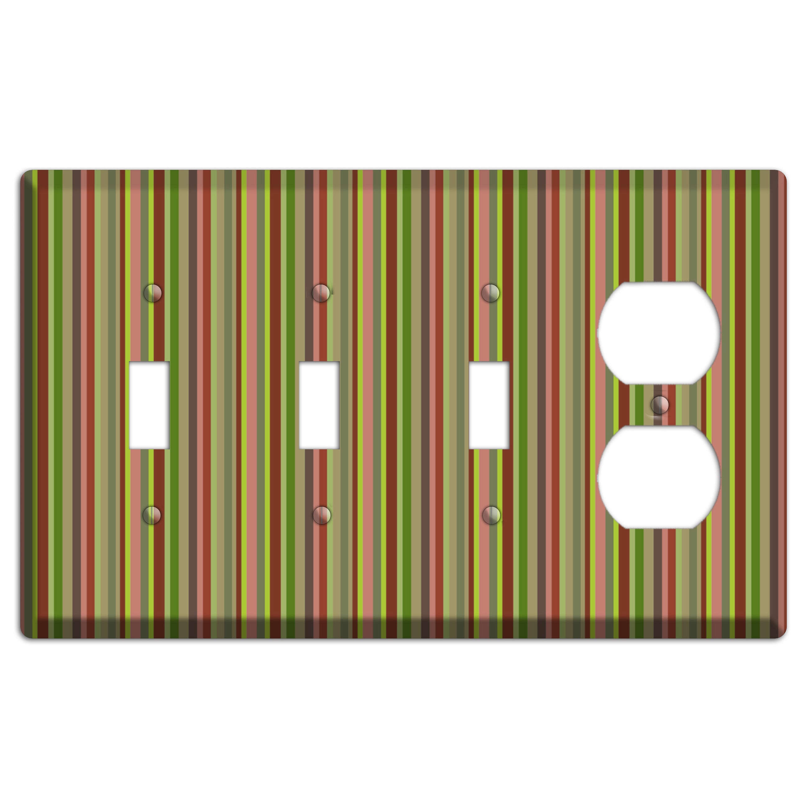 Multi Olive Burgundy Vertical Stripes 3 Toggle / Duplex Wallplate