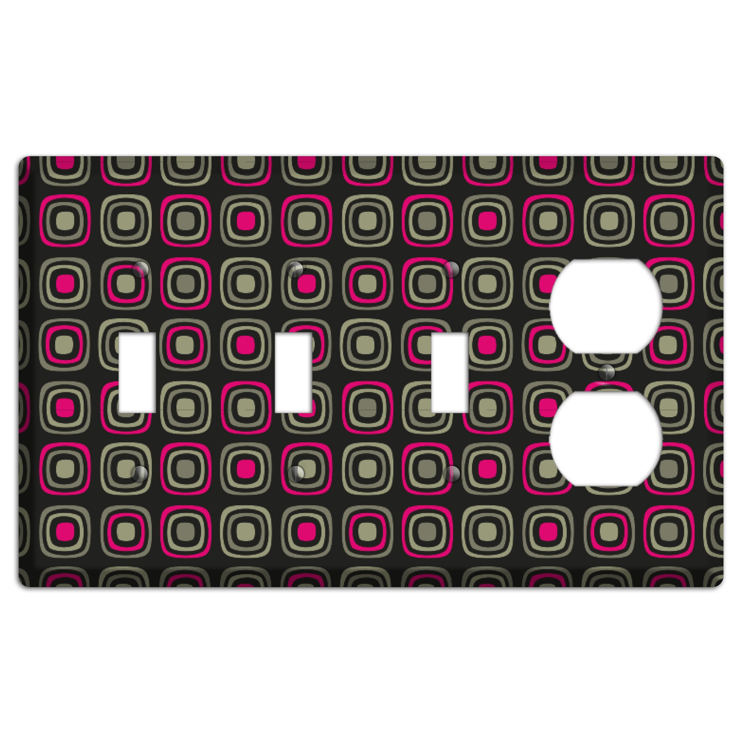 Multi Brown Fuschia Olive Retro Squares 3 Toggle / Duplex Wallplate