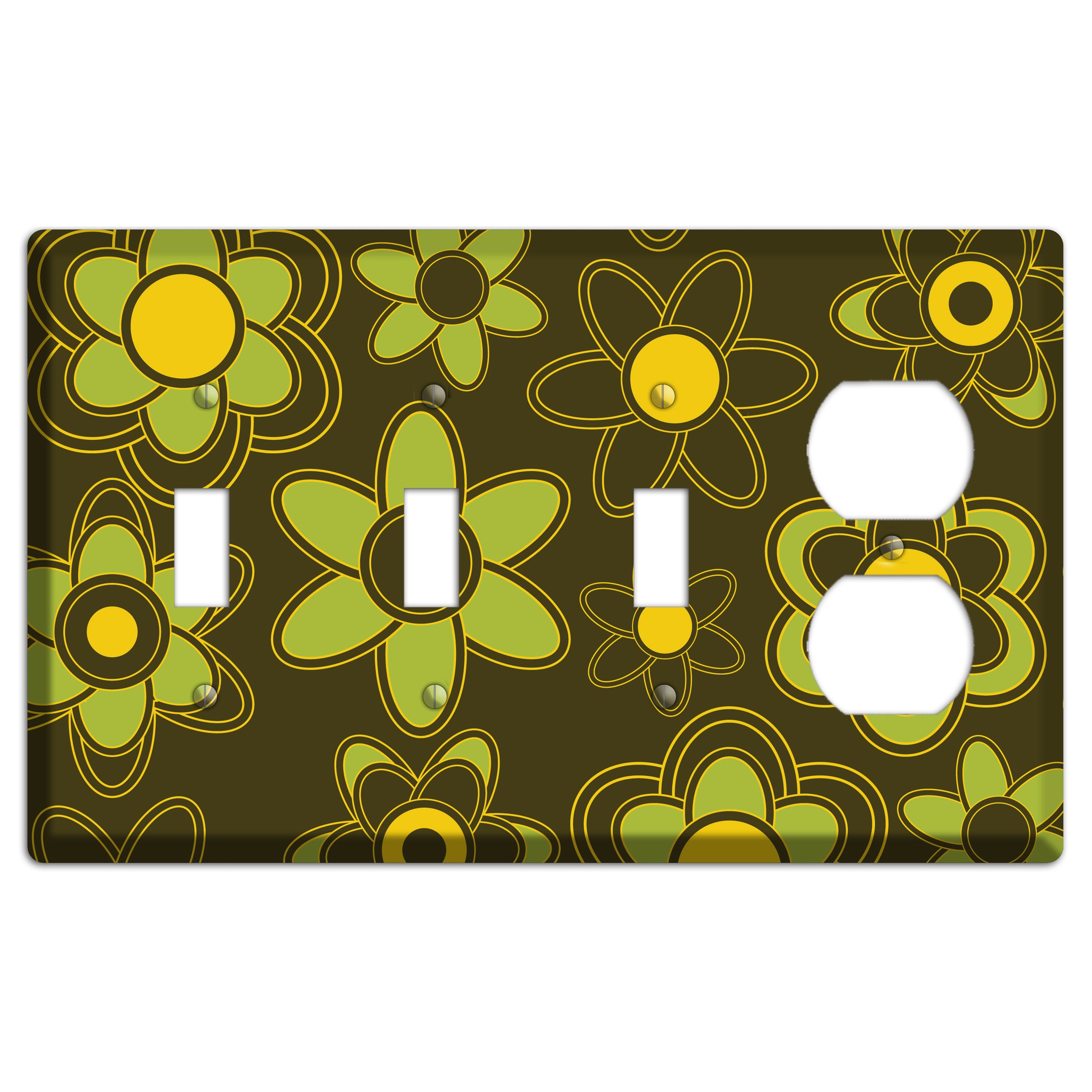 Brown with Lime Retro Floral Contour 3 Toggle / Duplex Wallplate
