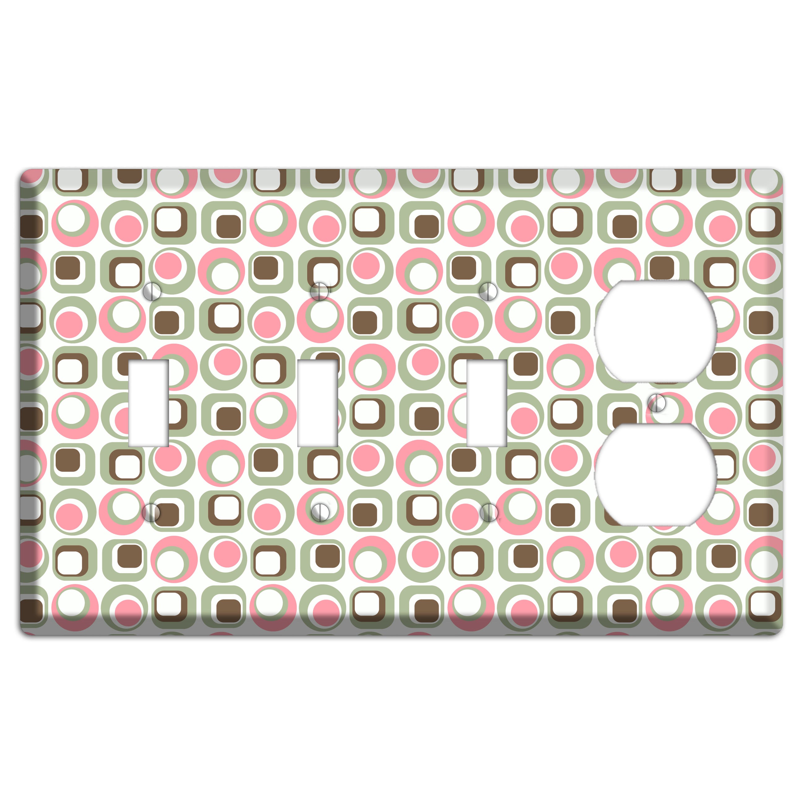 White with Pink Sage Brown Retro Squares and Circles 3 Toggle / Duplex Wallplate