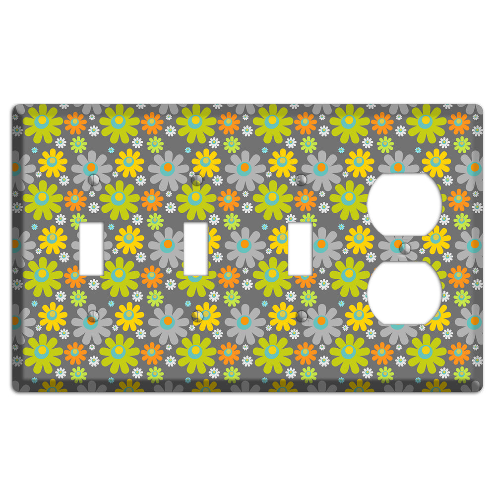 Grey and Yellow Flower Power 3 Toggle / Duplex Wallplate