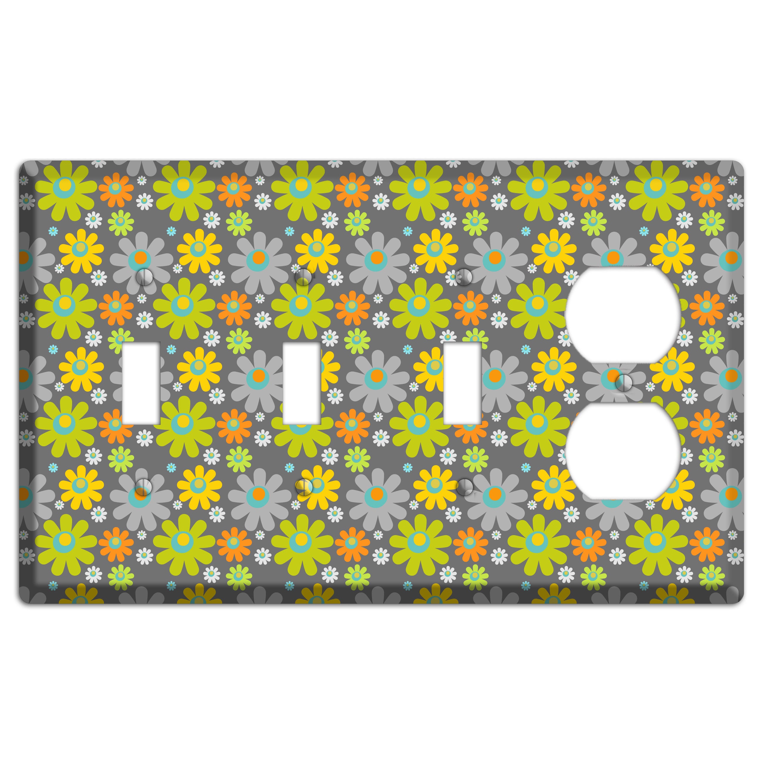 Grey and Yellow Flower Power 3 Toggle / Duplex Wallplate