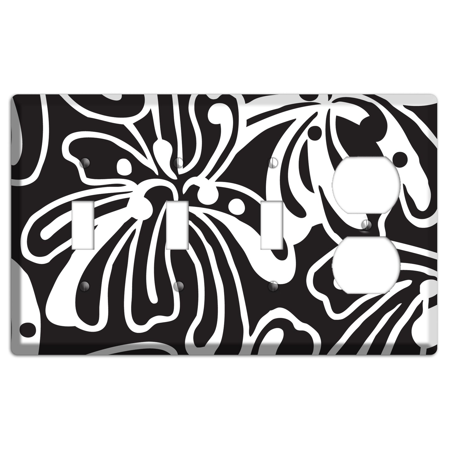 Black with White Flower 3 Toggle / Duplex Wallplate