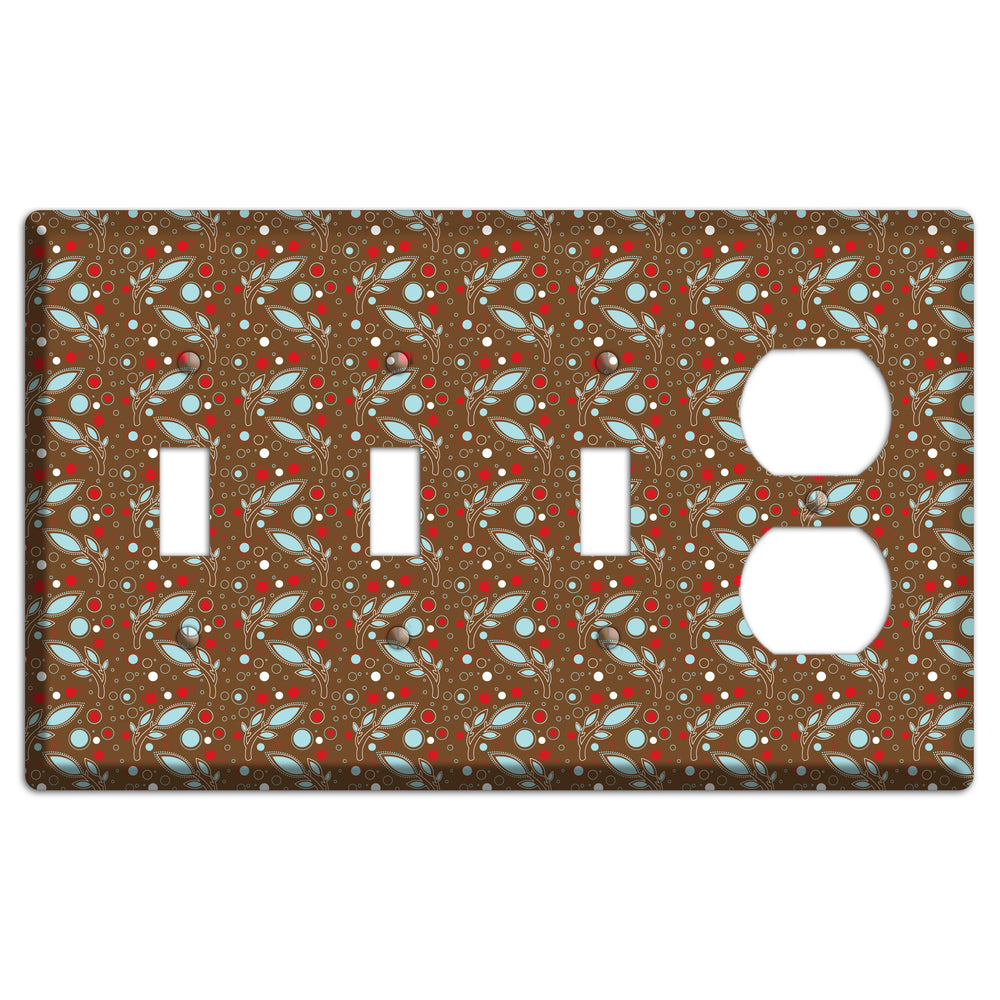 Brown with Red and Dusty Blue Retro Sprig 3 Toggle / Duplex Wallplate