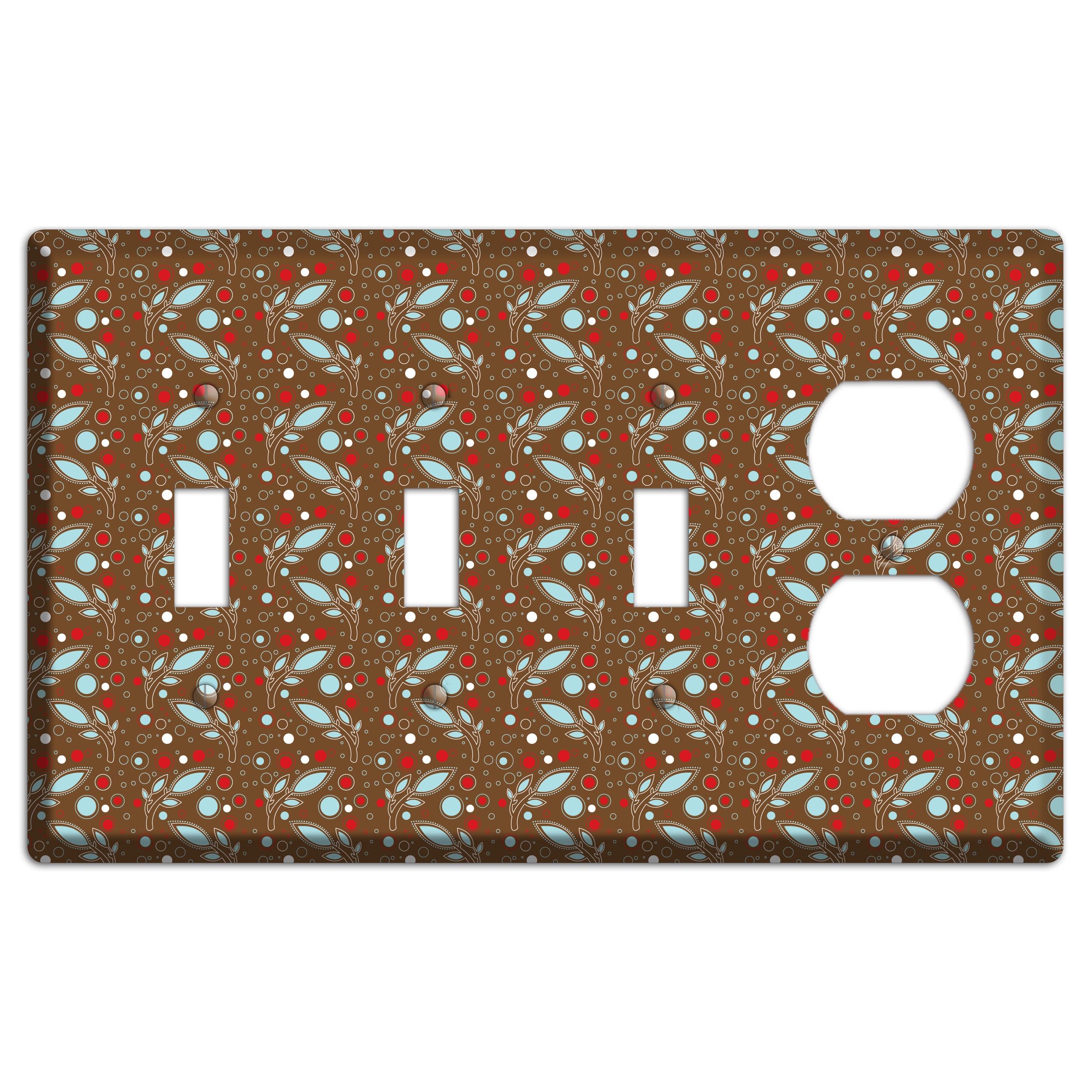 Brown with Red and Dusty Blue Retro Sprig 3 Toggle / Duplex Wallplate