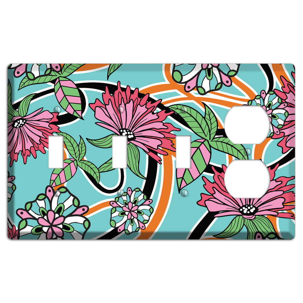 Turquoise with Pink Flowers 3 Toggle / Duplex Wallplate