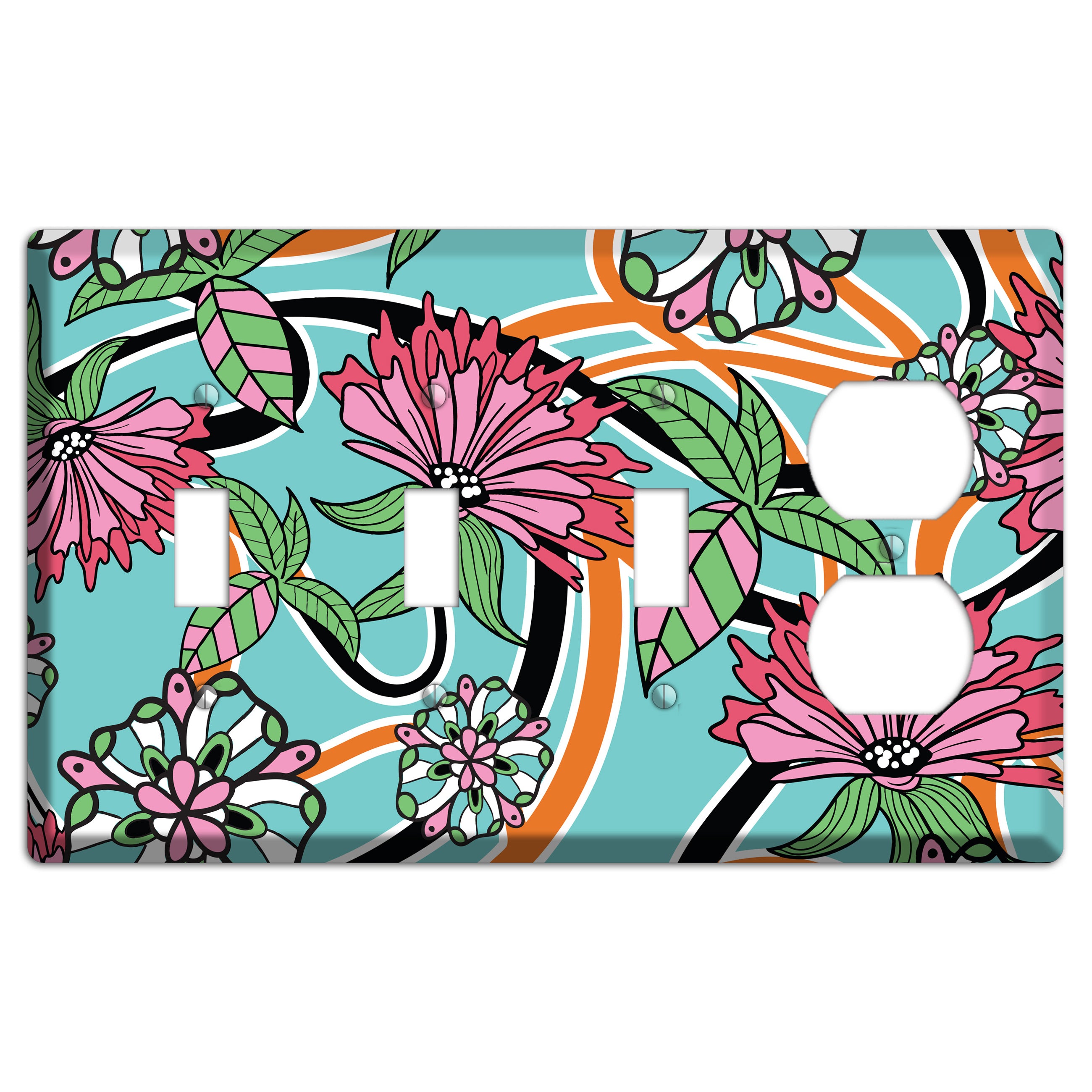 Turquoise with Pink Flowers 3 Toggle / Duplex Wallplate