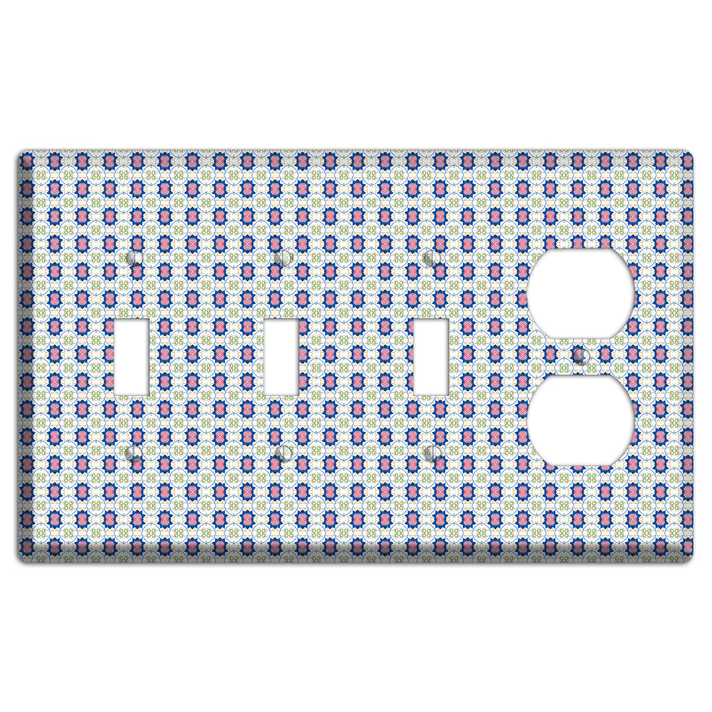 White with Blue Pink Green Arabesque 3 Toggle / Duplex Wallplate