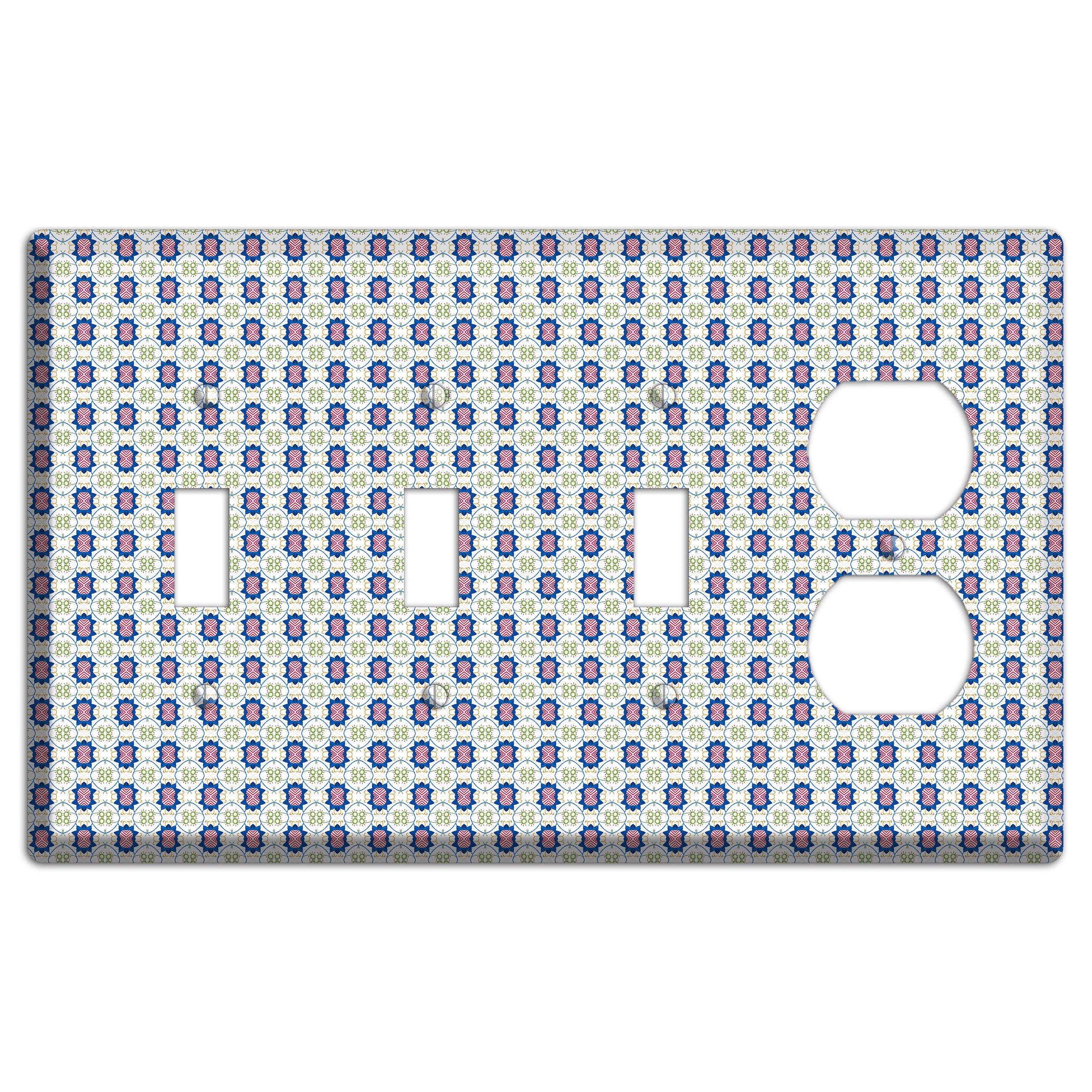 White with Blue Pink Green Arabesque 3 Toggle / Duplex Wallplate
