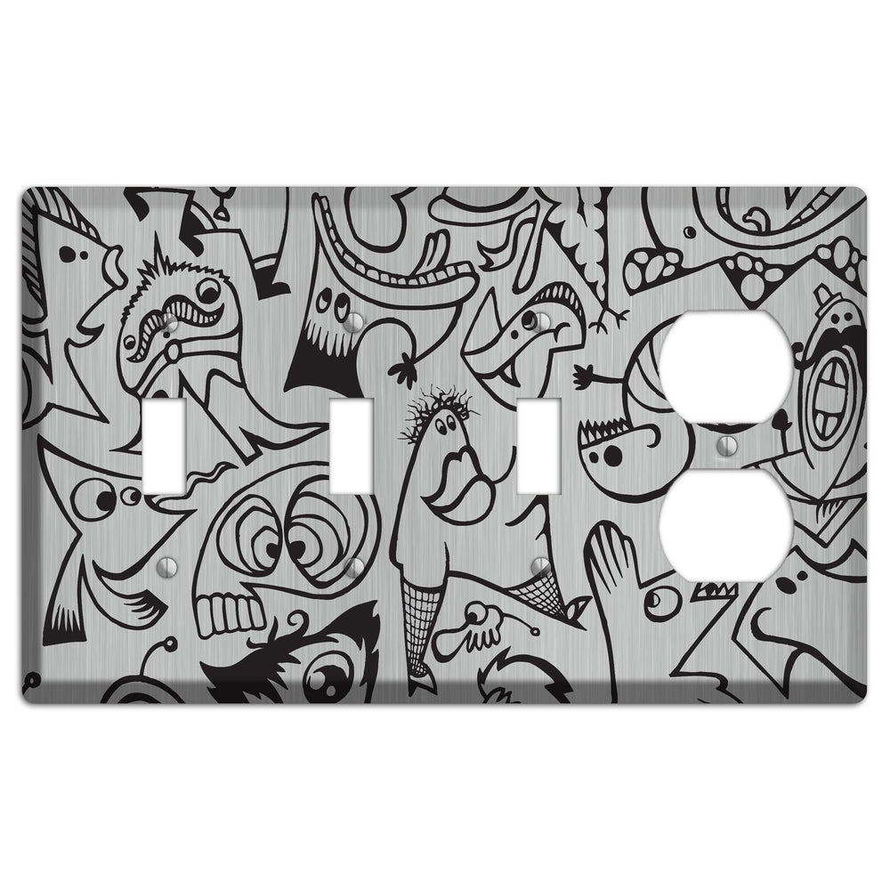 Whimsical Faces 2 Stainless Steel 3 Toggle / Duplex Wallplate