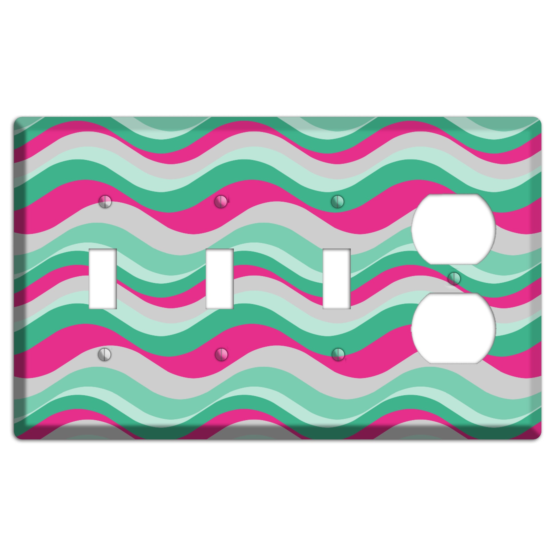 Grey Fuschia and Multi Aqua Retro Waves 3 Toggle / Duplex Wallplate
