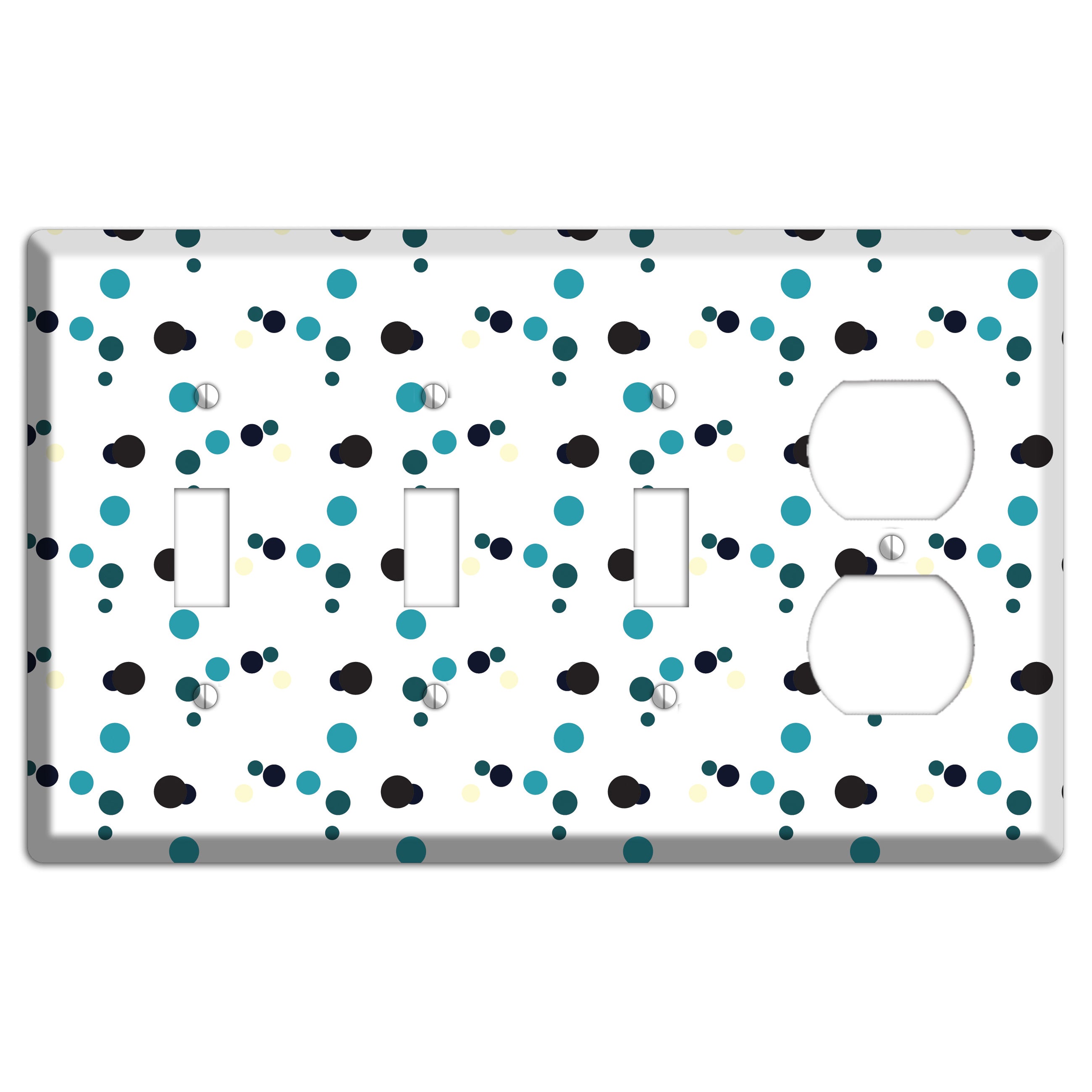 White with Teal and Black Multi Dots 3 Toggle / Duplex Wallplate