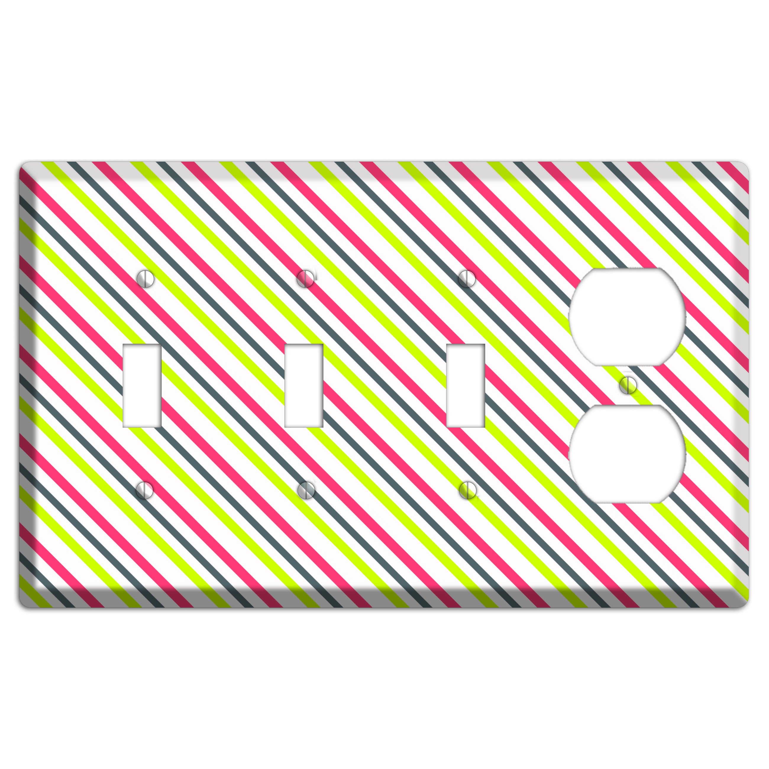 Fuschia and Lime Angled Stripe 3 Toggle / Duplex Wallplate