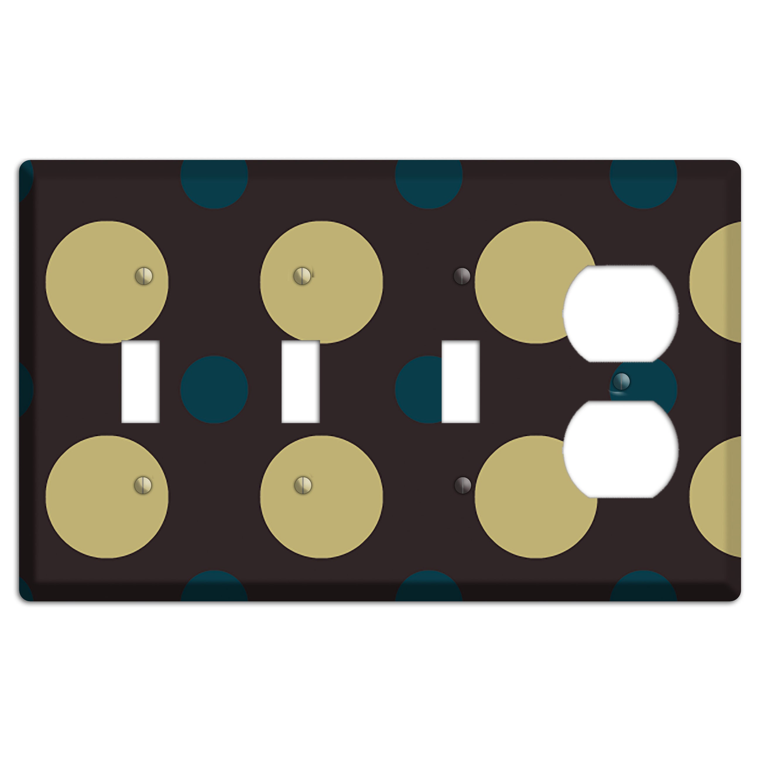 Brown with Olive and Dark Aqua Multi Polka Dots 3 Toggle / Duplex Wallplate