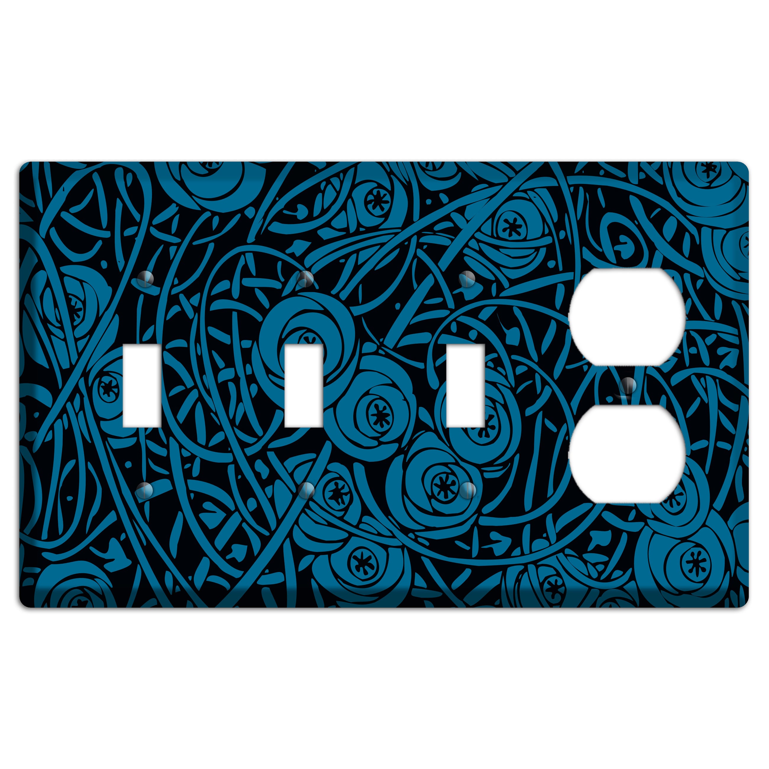 Black and Blue Deco Floral 3 Toggle / Duplex Wallplate