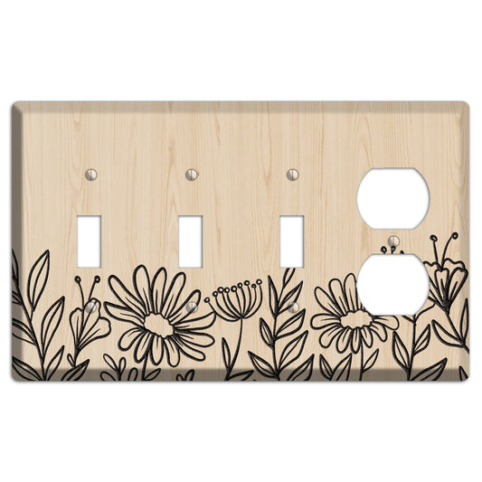 Hand-Drawn Floral 10 Wood Lasered 3 Toggle / Duplex Wallplate