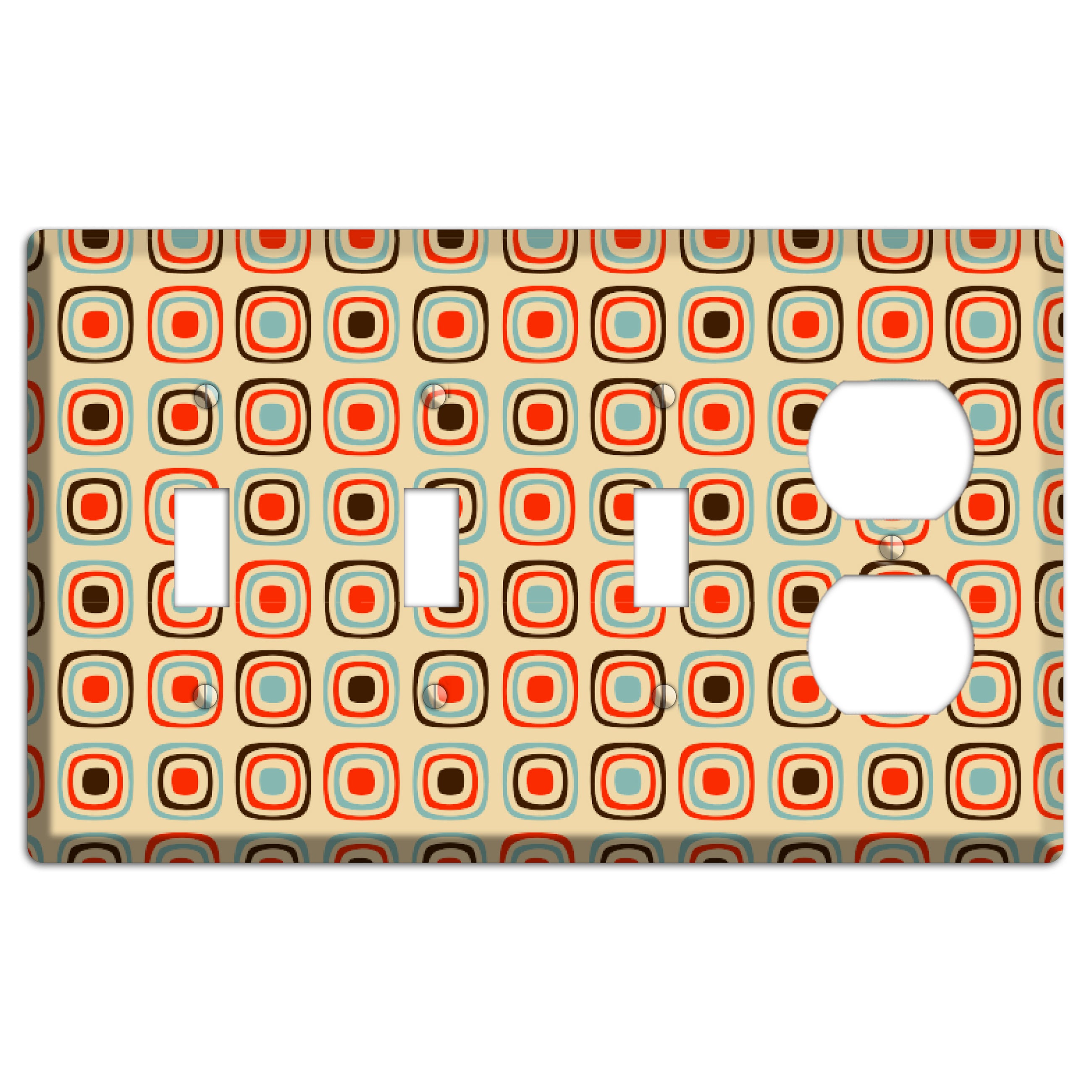 Multi Coral Dusty Blue and Brown Retro Squares 3 Toggle / Duplex Wallplate