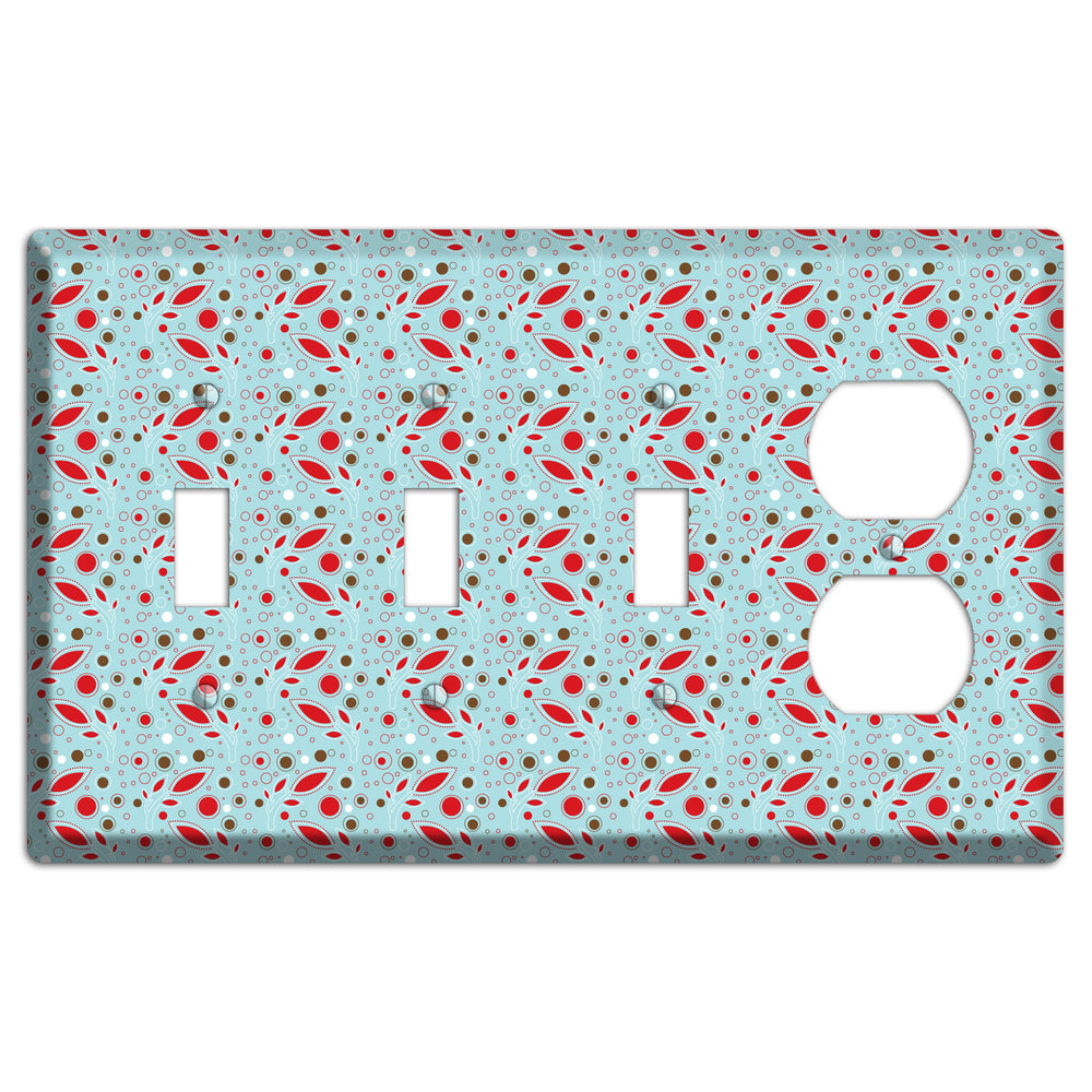 Dusty Blue with Red and Brown Retro Sprig 3 Toggle / Duplex Wallplate