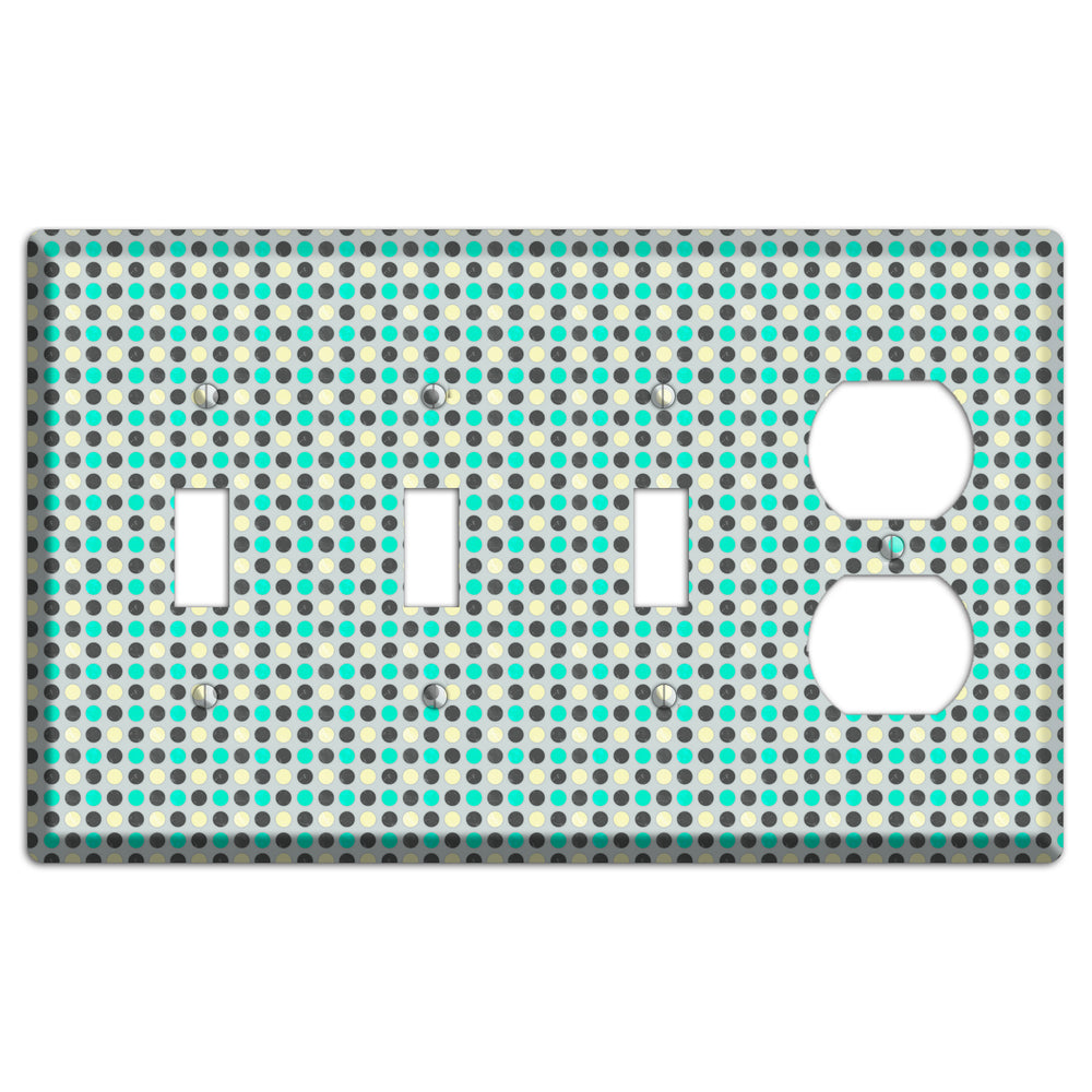 Grey with Black Off White and Turquoise Dots 3 Toggle / Duplex Wallplate